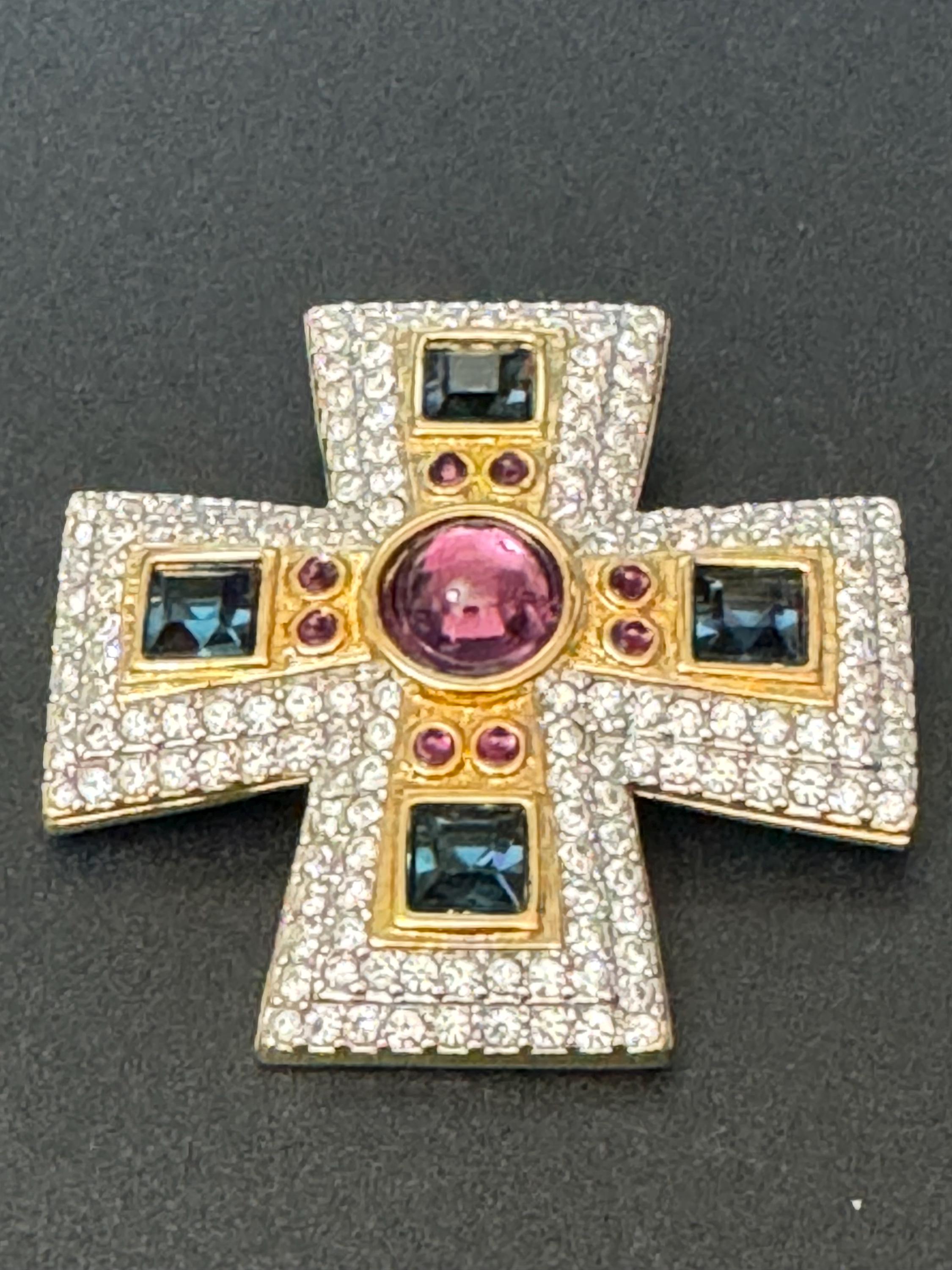Rare retired Swan signed Swarovski crystal diamanté gold tone large Maltese cross brooch green purple clear stones