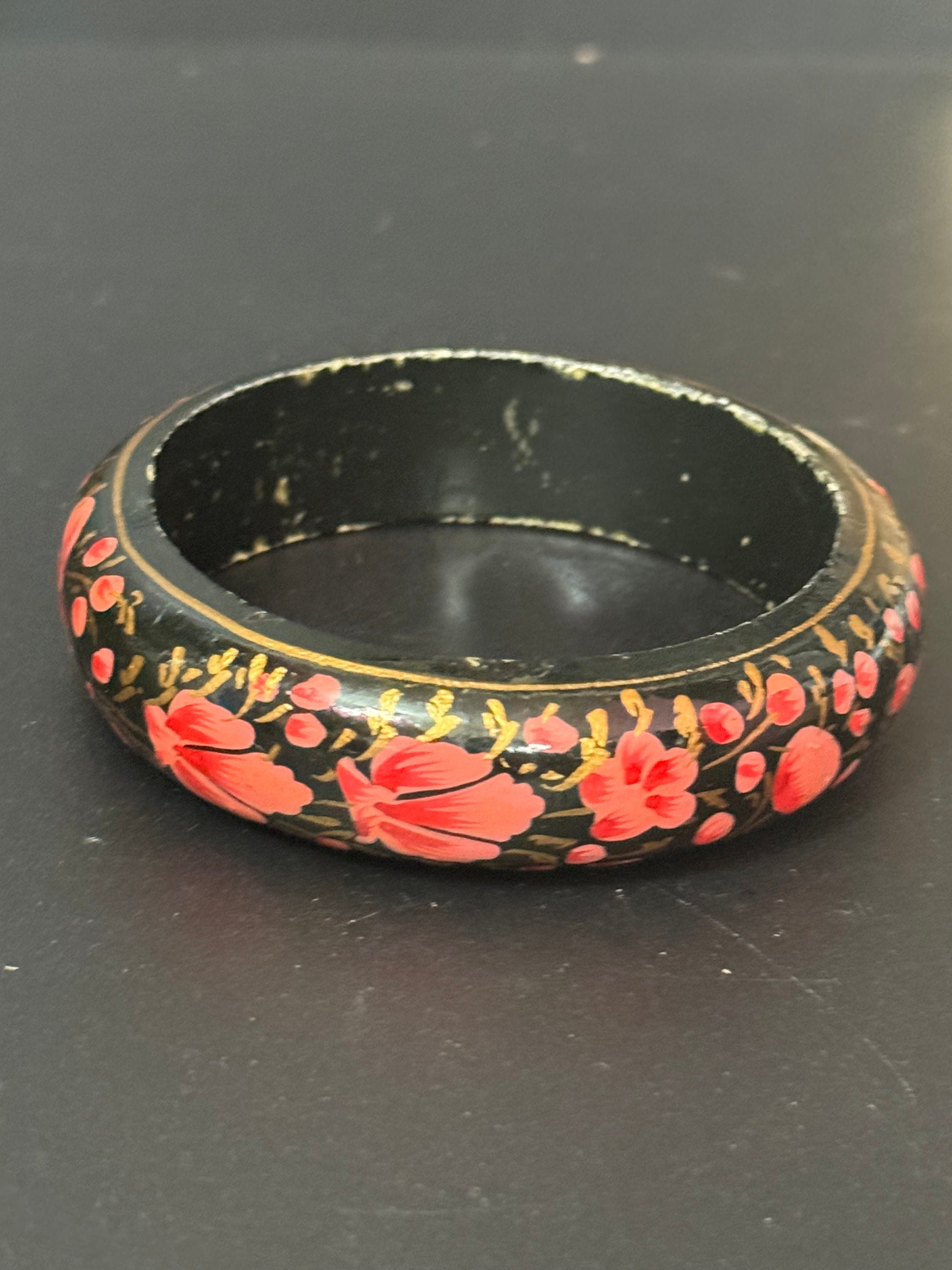 Vintage Chinese Oriental Wooden Hand Painted Lacquer black pink Bangle Bracelet  Floral flowers gilt gold detailing for boho festival
