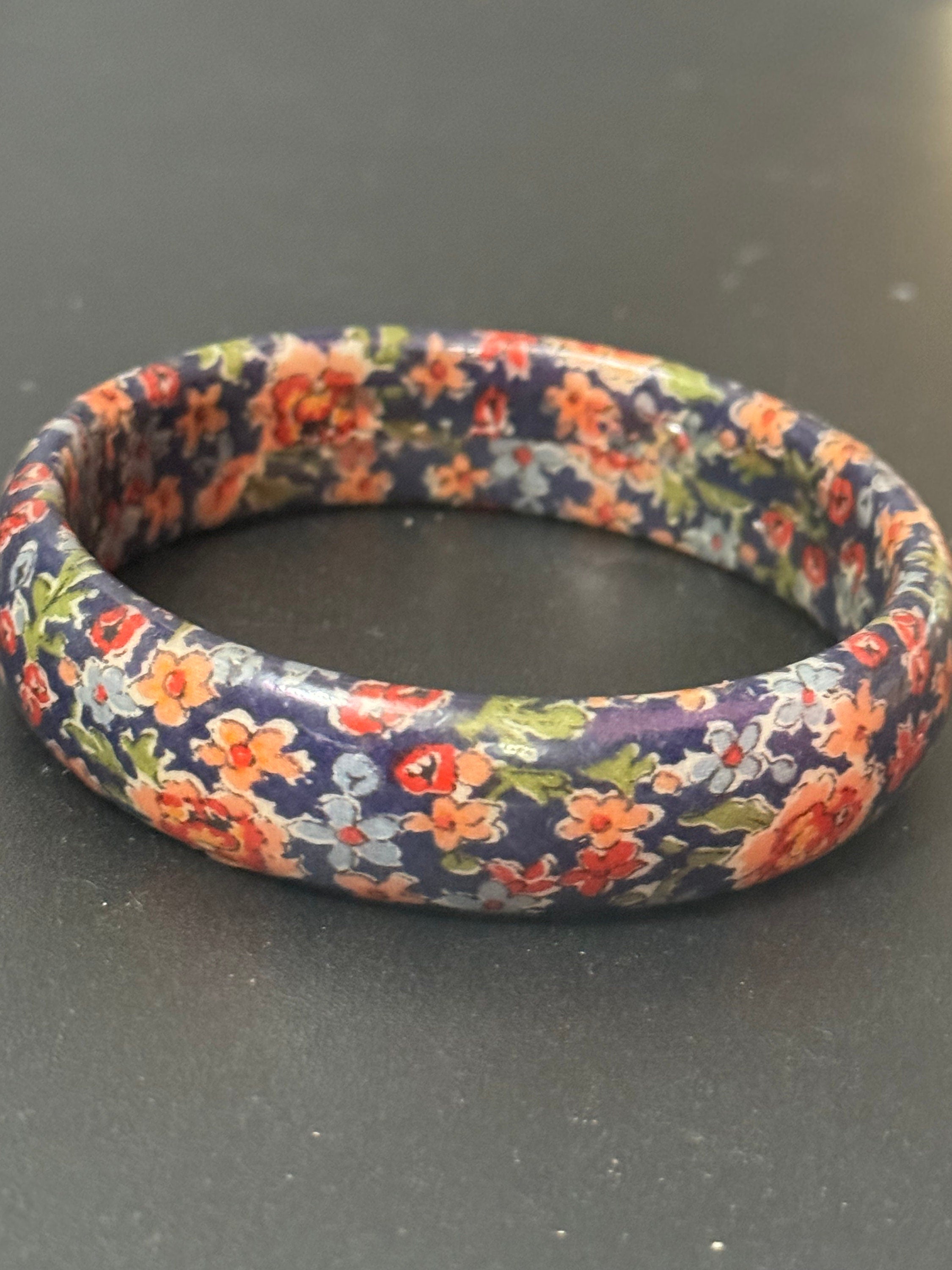 Vintage Chinese Oriental Wooden Hand Painted Lacquer blue pink Bangle Bracelet  Floral flowers gilt gold detailing for boho festival