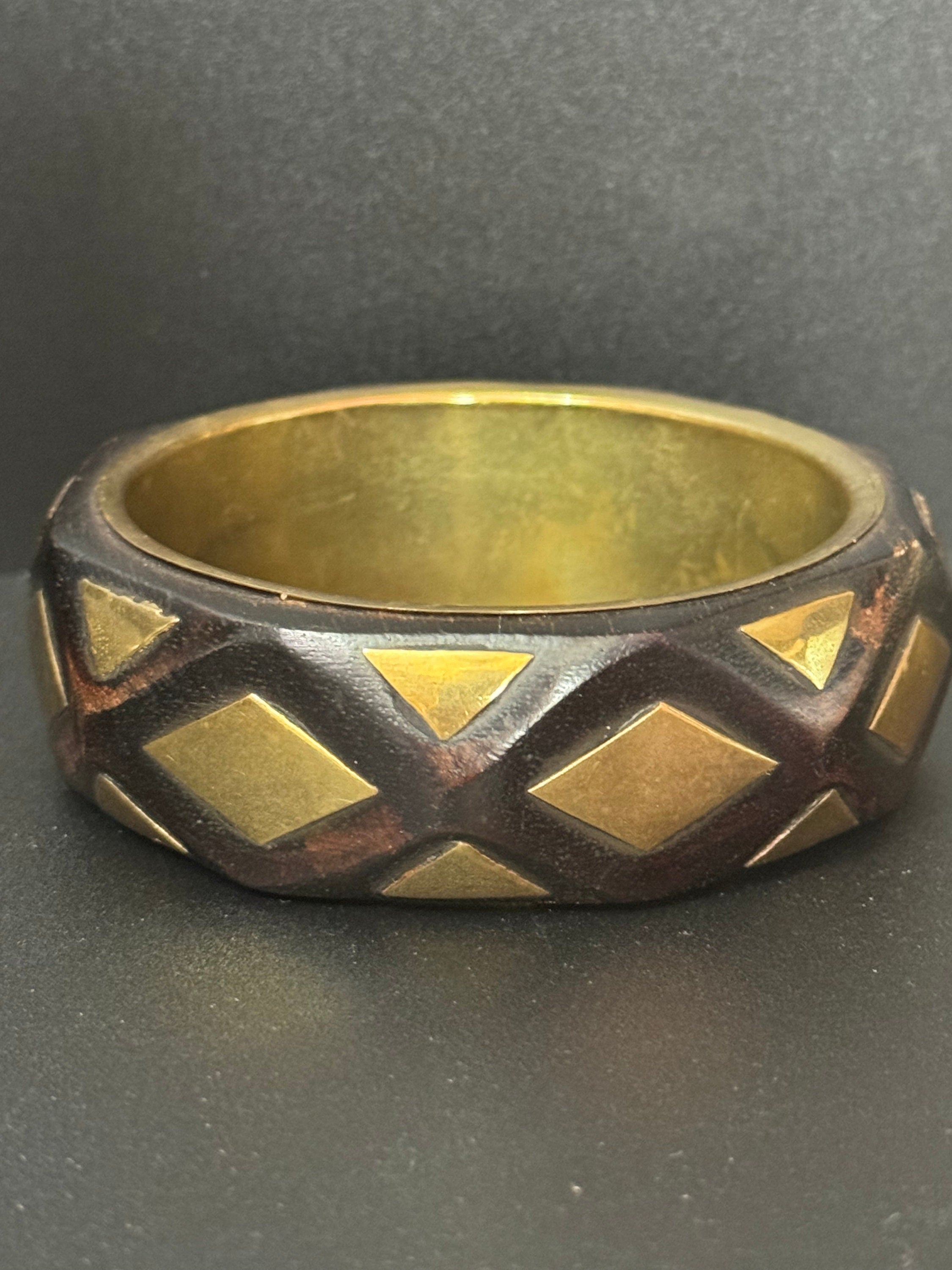 dark brown wood with gold brass wide cuff wooden bangle bracelet stacking layering Vintage boho festival