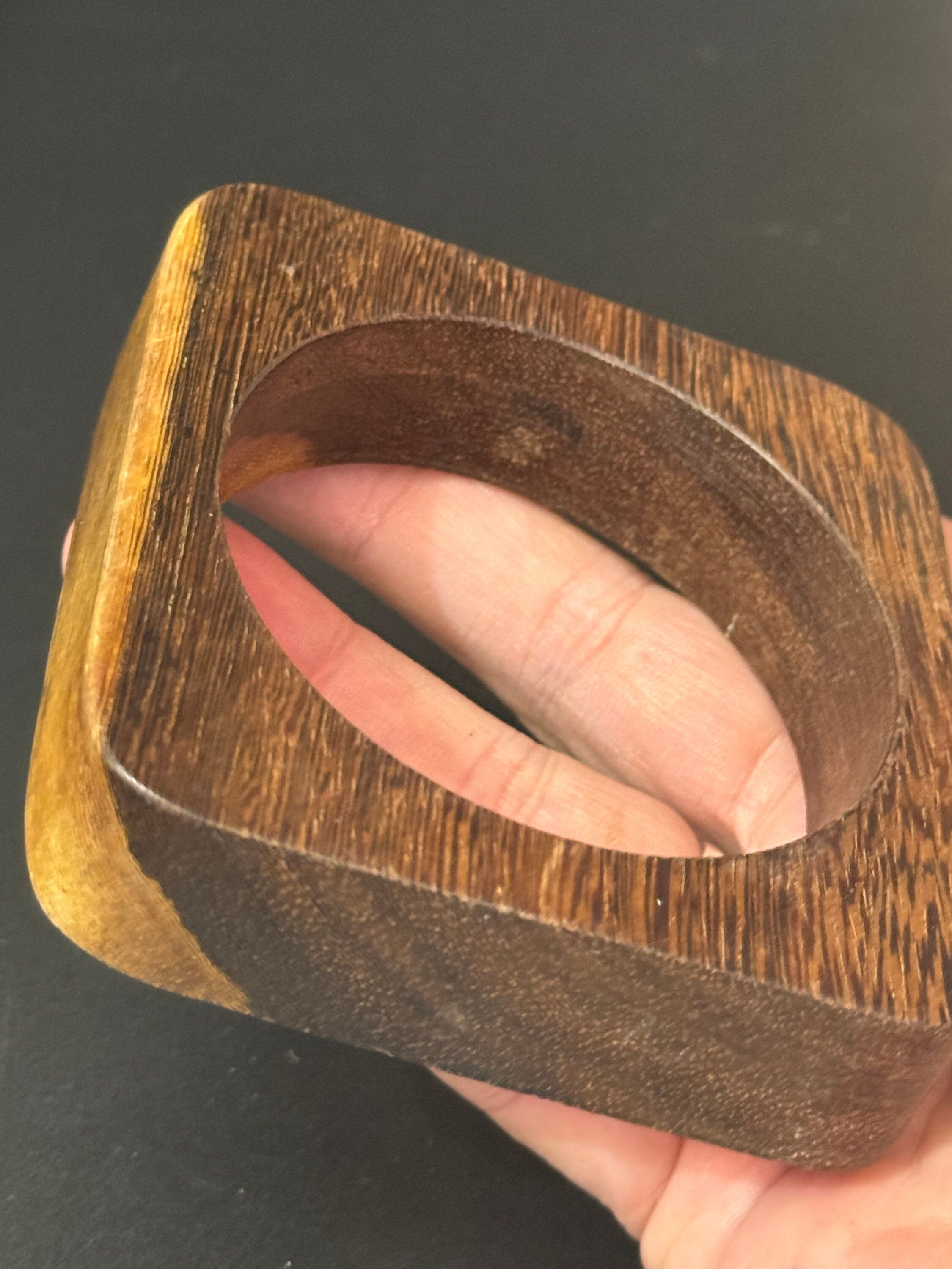 dark and light brown square wood wide cuff wooden bangle bracelet stacking layering Vintage boho festival