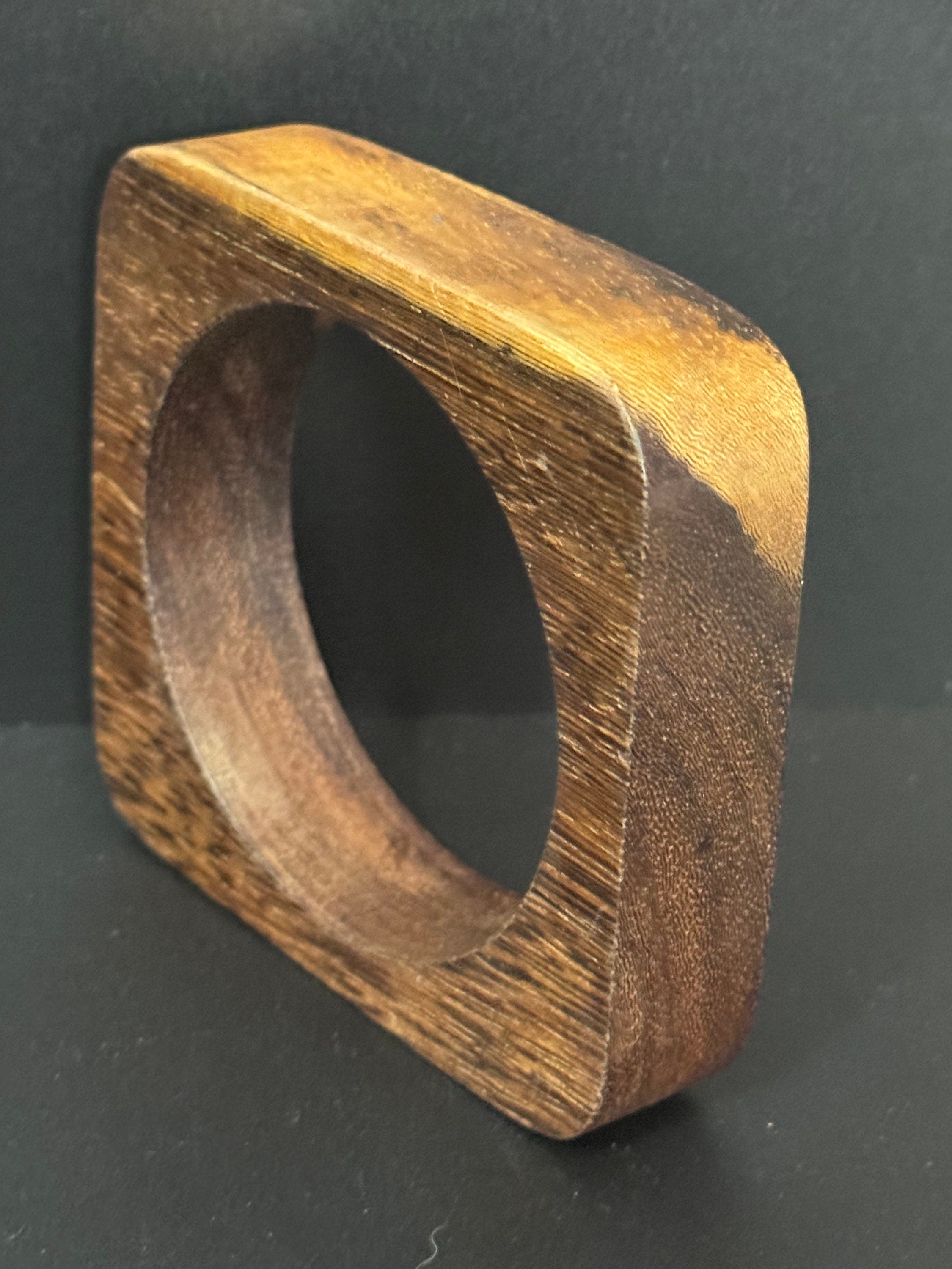 dark and light brown square wood wide cuff wooden bangle bracelet stacking layering Vintage boho festival