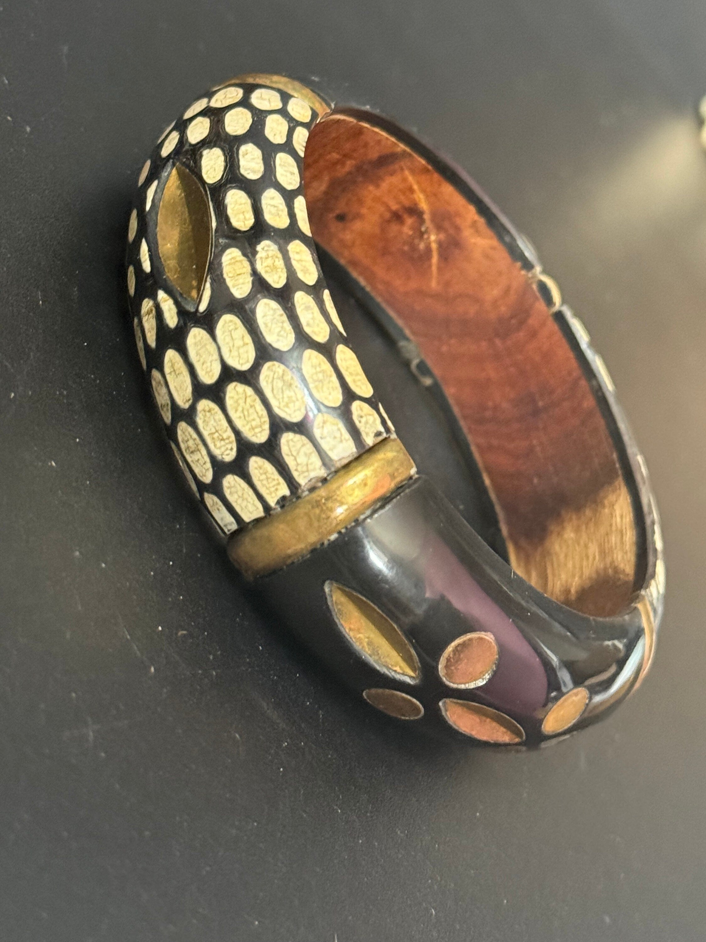 Vintage carved ornate Wooden Hand Painted Lacquer black gold Bangle Bracelet  geometric detailing for boho festival