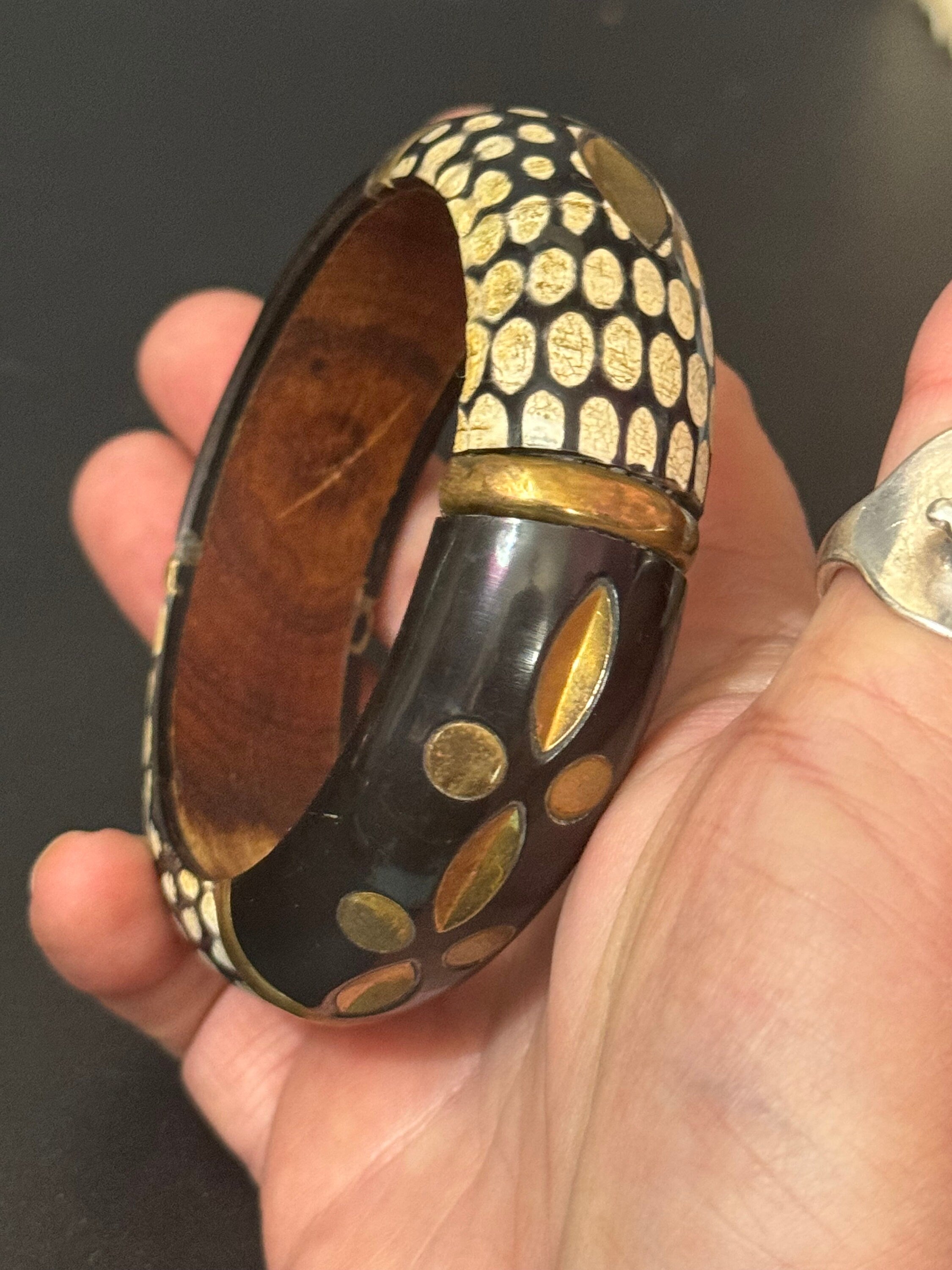 Vintage carved ornate Wooden Hand Painted Lacquer black gold Bangle Bracelet  geometric detailing for boho festival