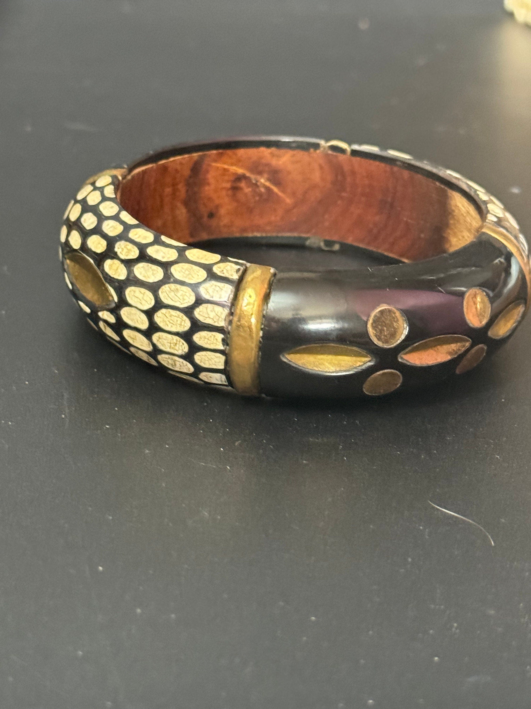 Vintage carved ornate Wooden Hand Painted Lacquer black gold Bangle Bracelet  geometric detailing for boho festival