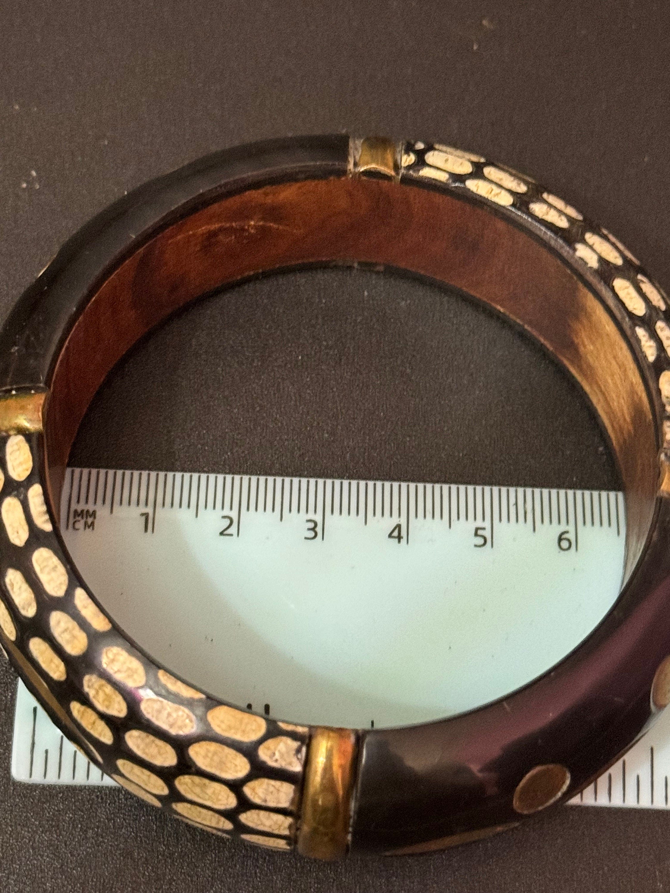 Vintage carved ornate Wooden Hand Painted Lacquer black gold Bangle Bracelet  geometric detailing for boho festival
