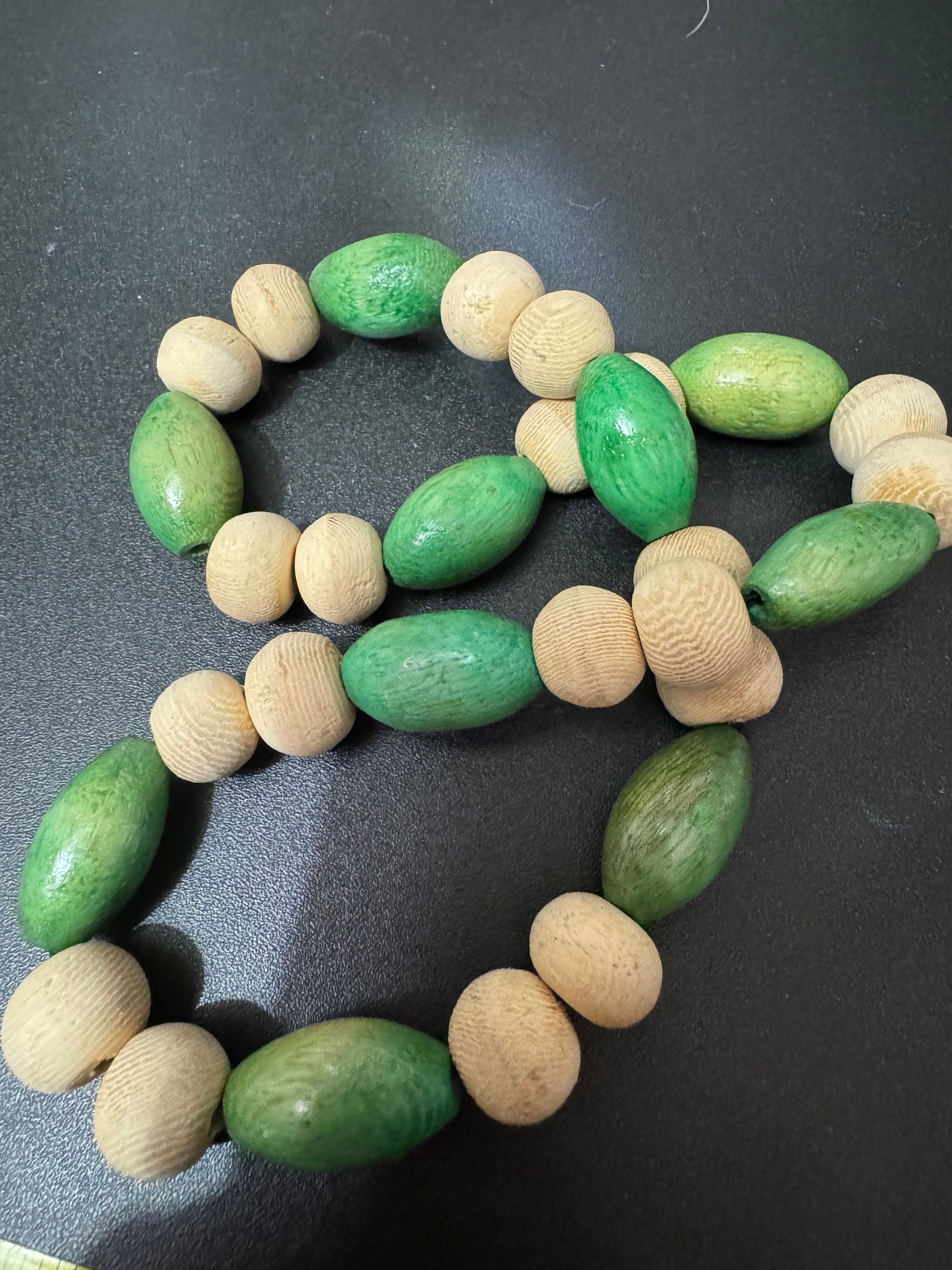 Retro green and beige brown wooden natural beaded stretch choker necklace boho festival jewellery range