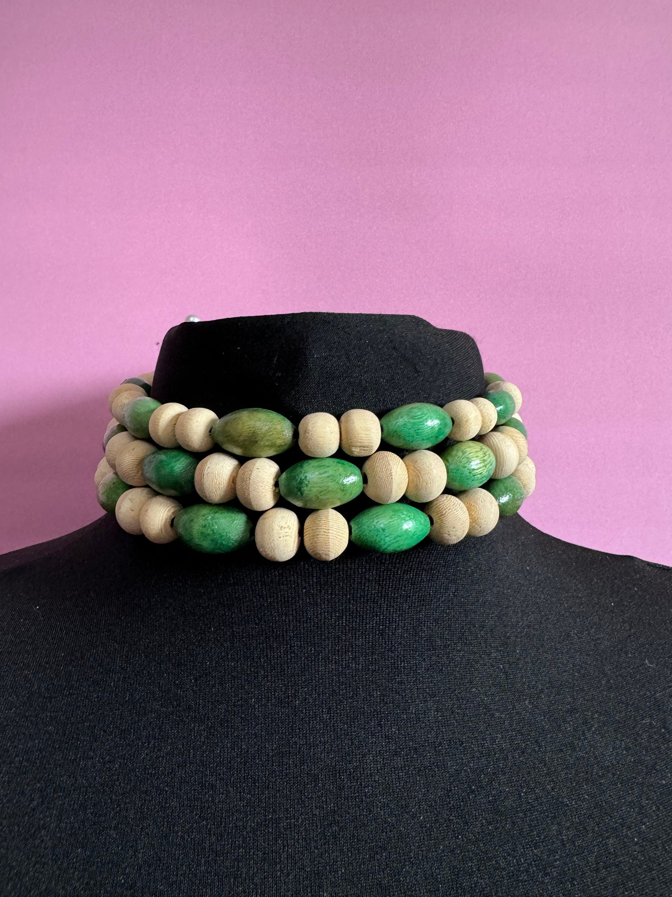 Retro green and beige brown wooden natural beaded stretch choker necklace boho festival jewellery range