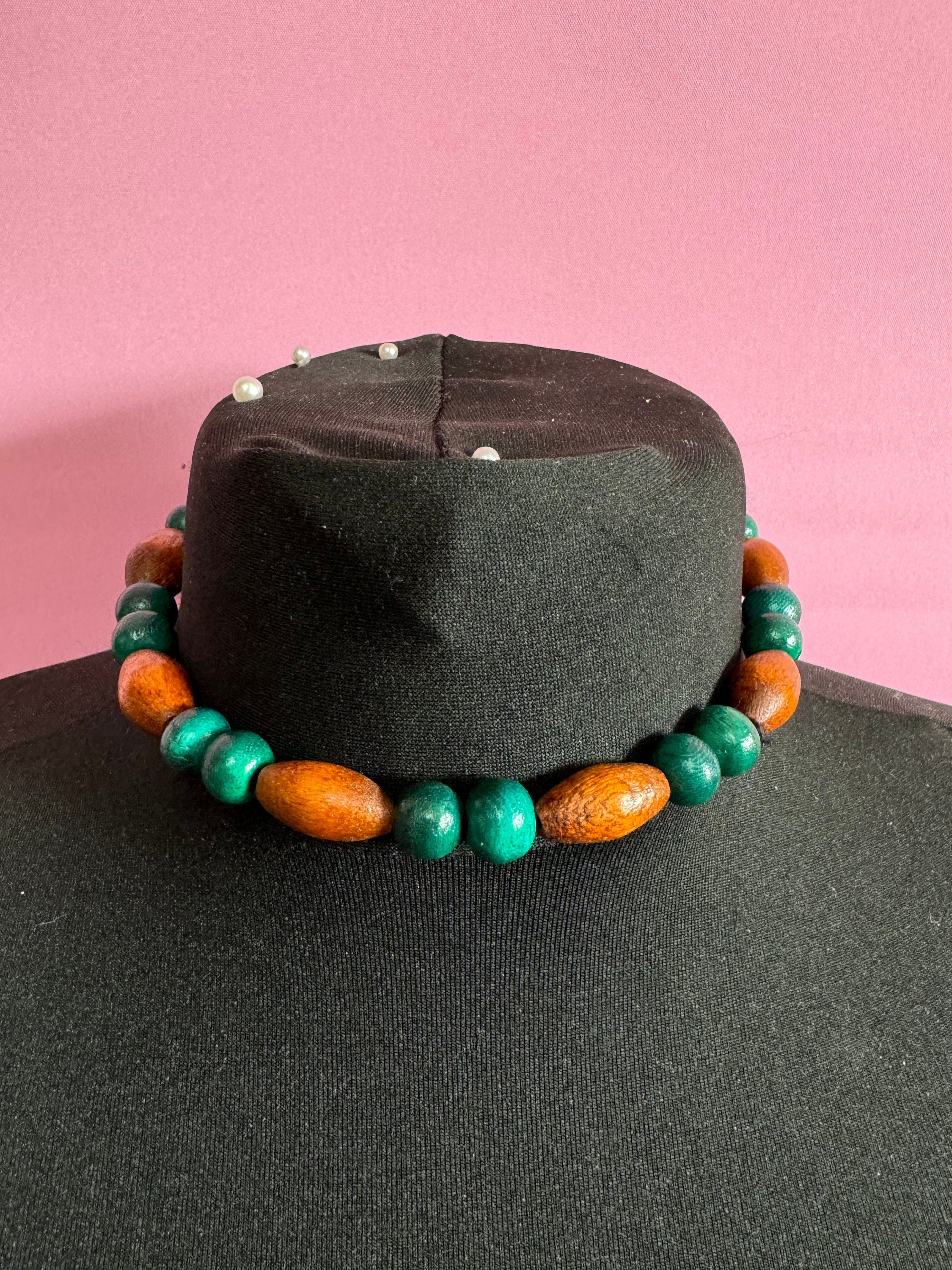 Retro teal green blue and beige brown wooden natural beaded stretch choker necklace boho festival jewellery range
