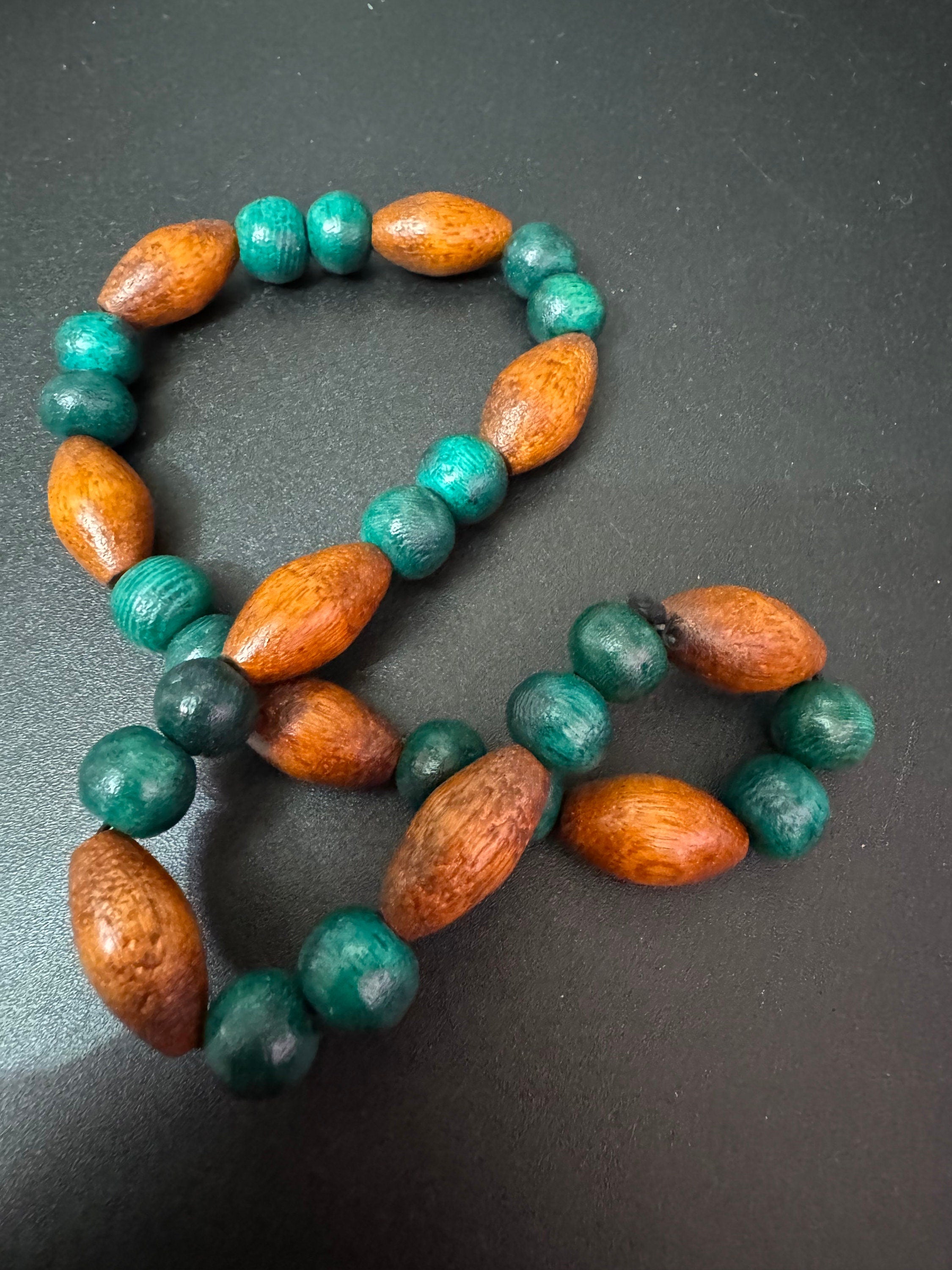 Retro teal green blue and beige brown wooden natural beaded stretch choker necklace boho festival jewellery range