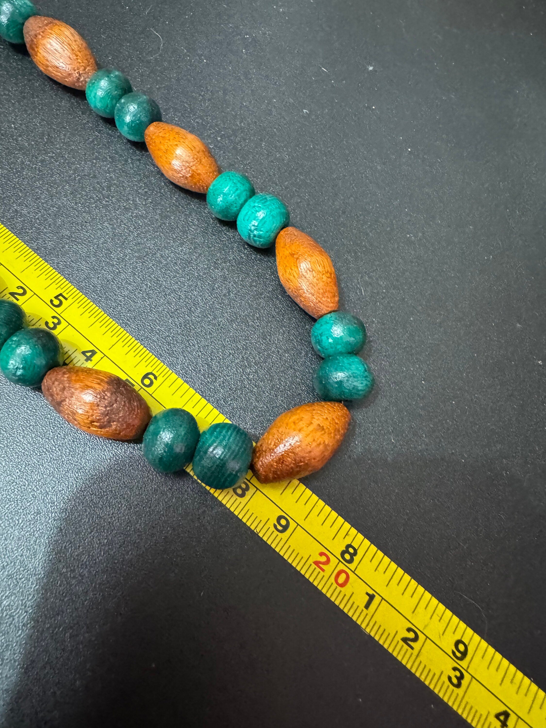 Retro teal green blue and beige brown wooden natural beaded stretch choker necklace boho festival jewellery range