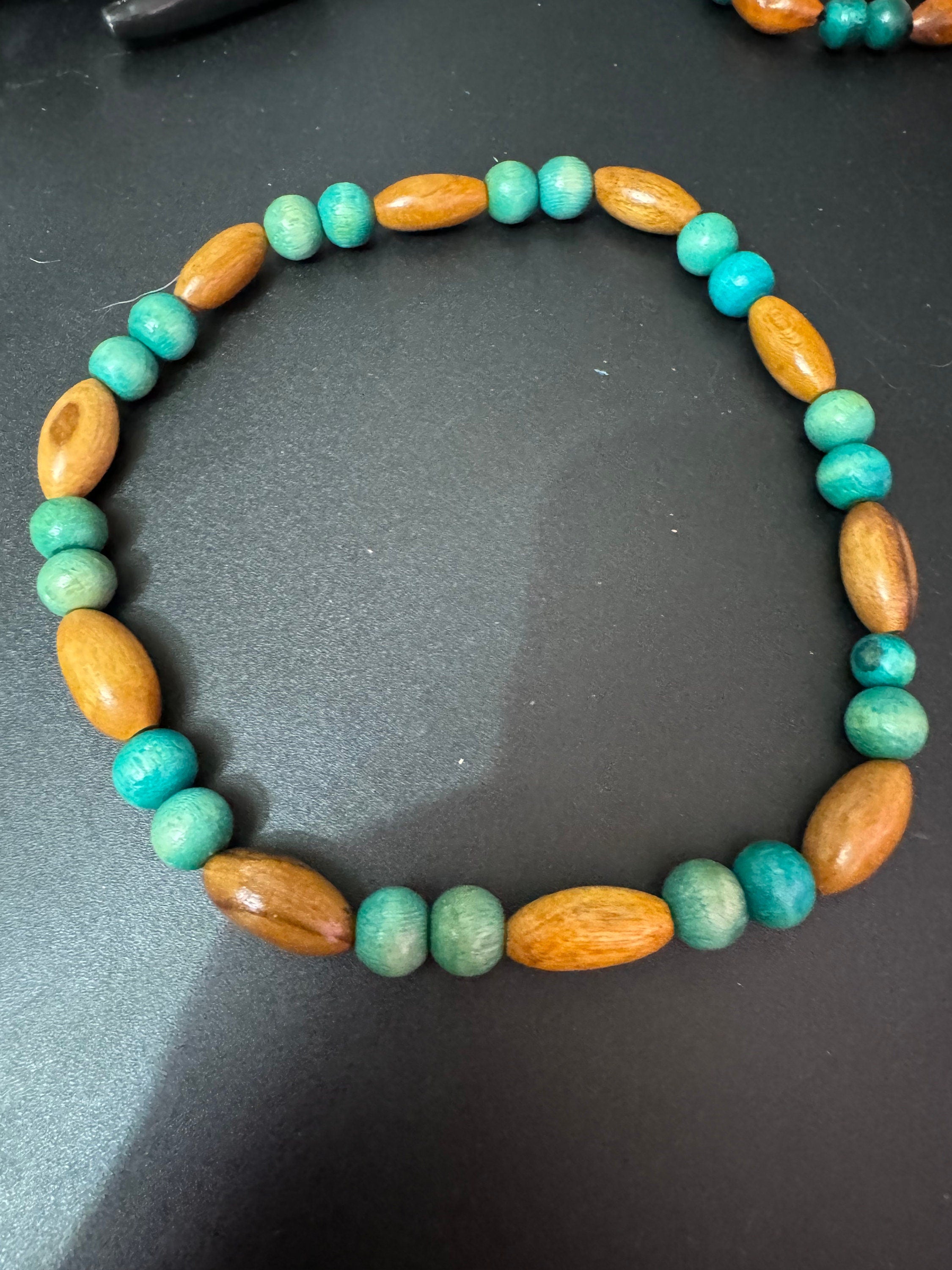 Retro teal green blue and beige brown wooden natural beaded stretch choker necklace boho festival jewellery range