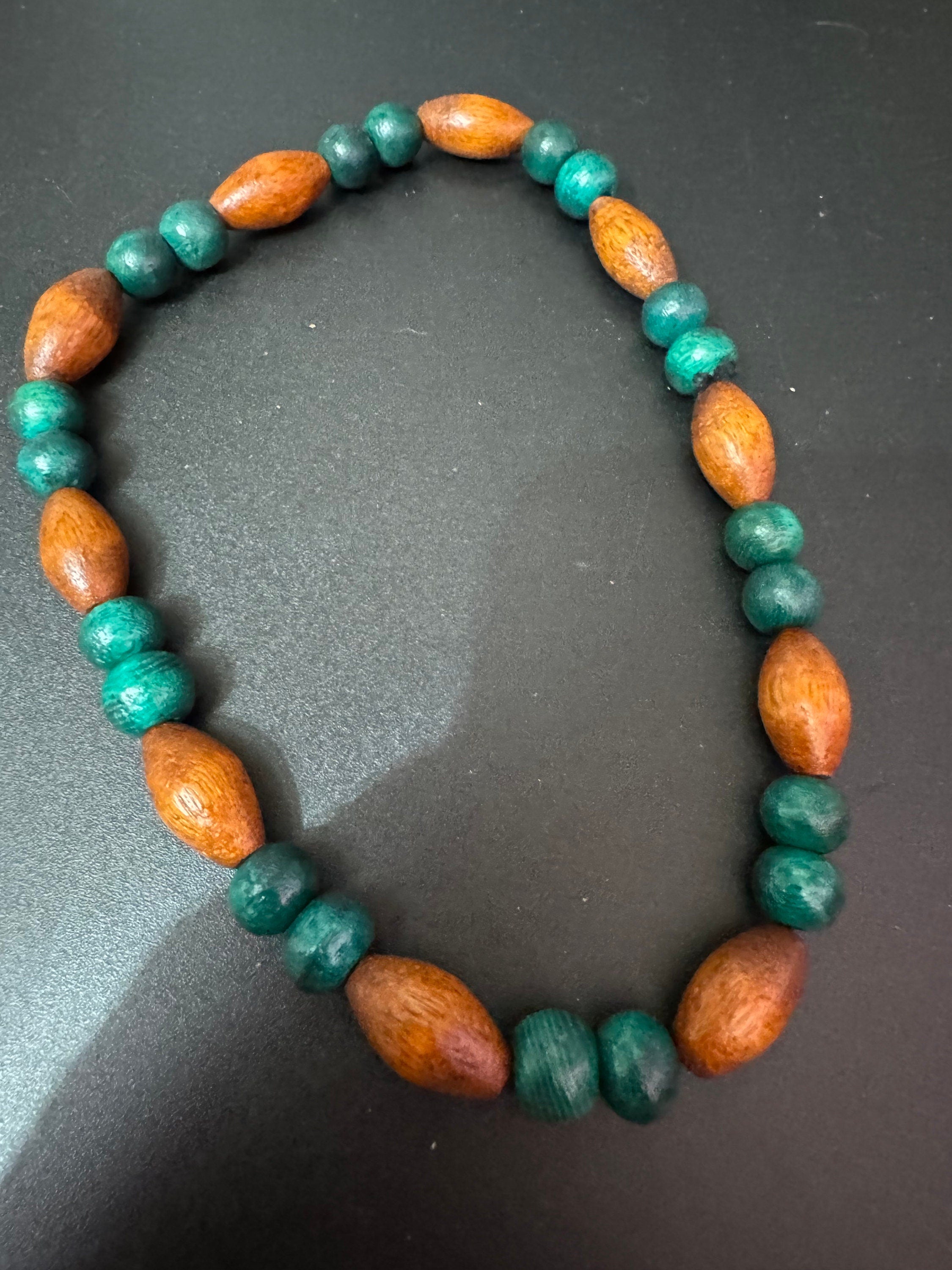 Retro teal green blue and beige brown wooden natural beaded stretch choker necklace boho festival jewellery range
