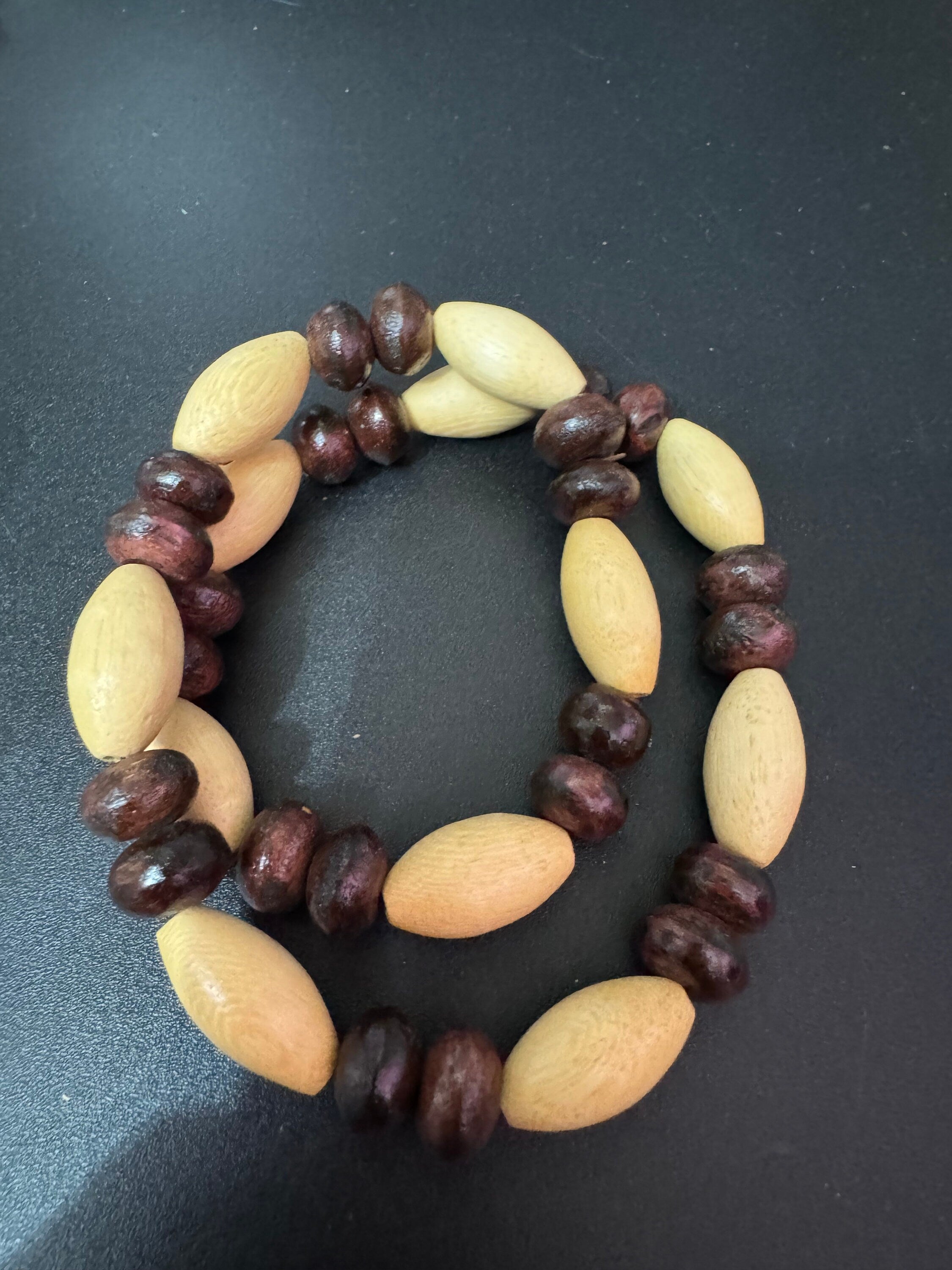 Retro beige and dark brown wooden natural oval beaded stretch choker necklace boho festival jewellery range