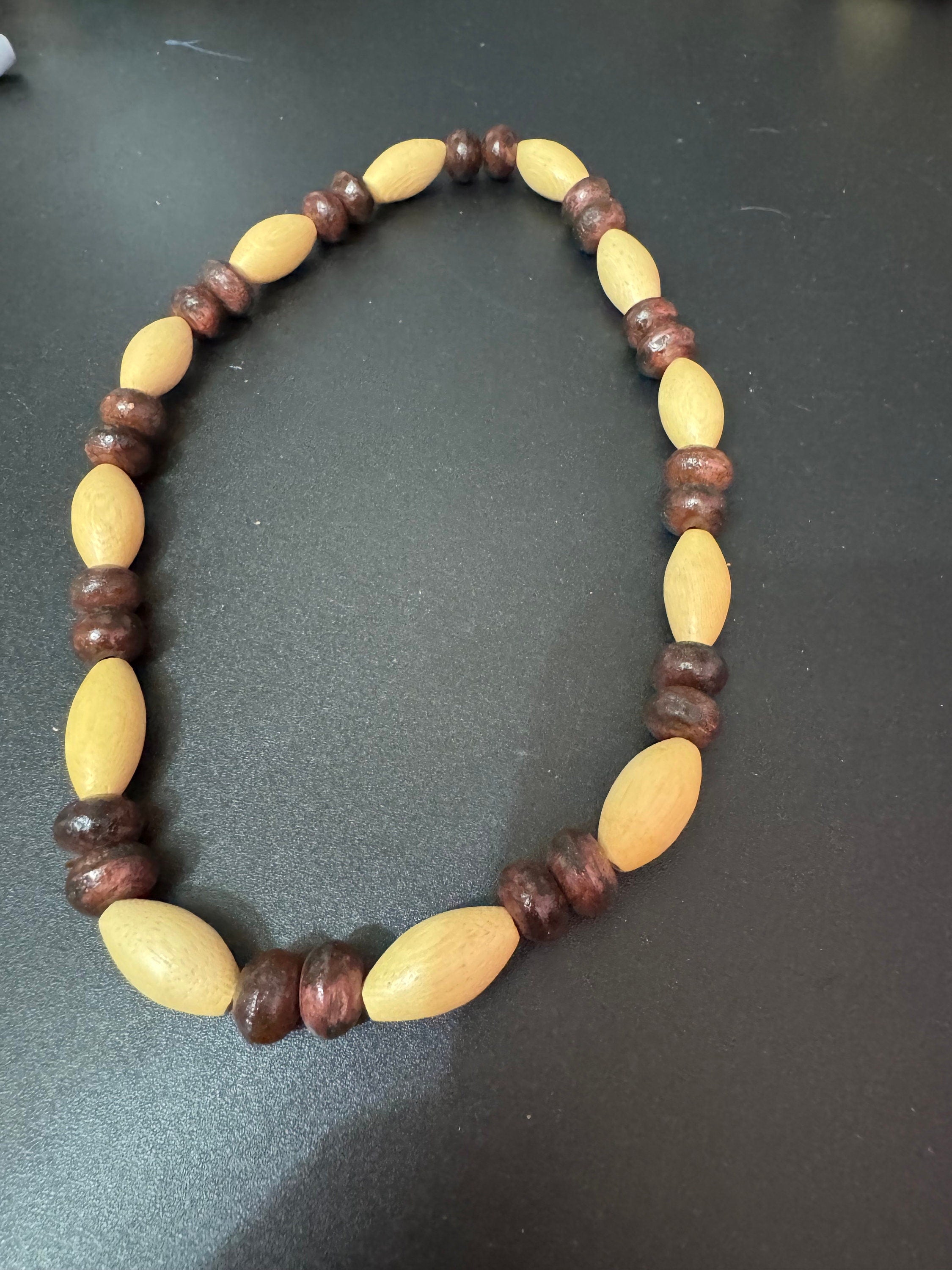 Retro beige and dark brown wooden natural oval beaded stretch choker necklace boho festival jewellery range