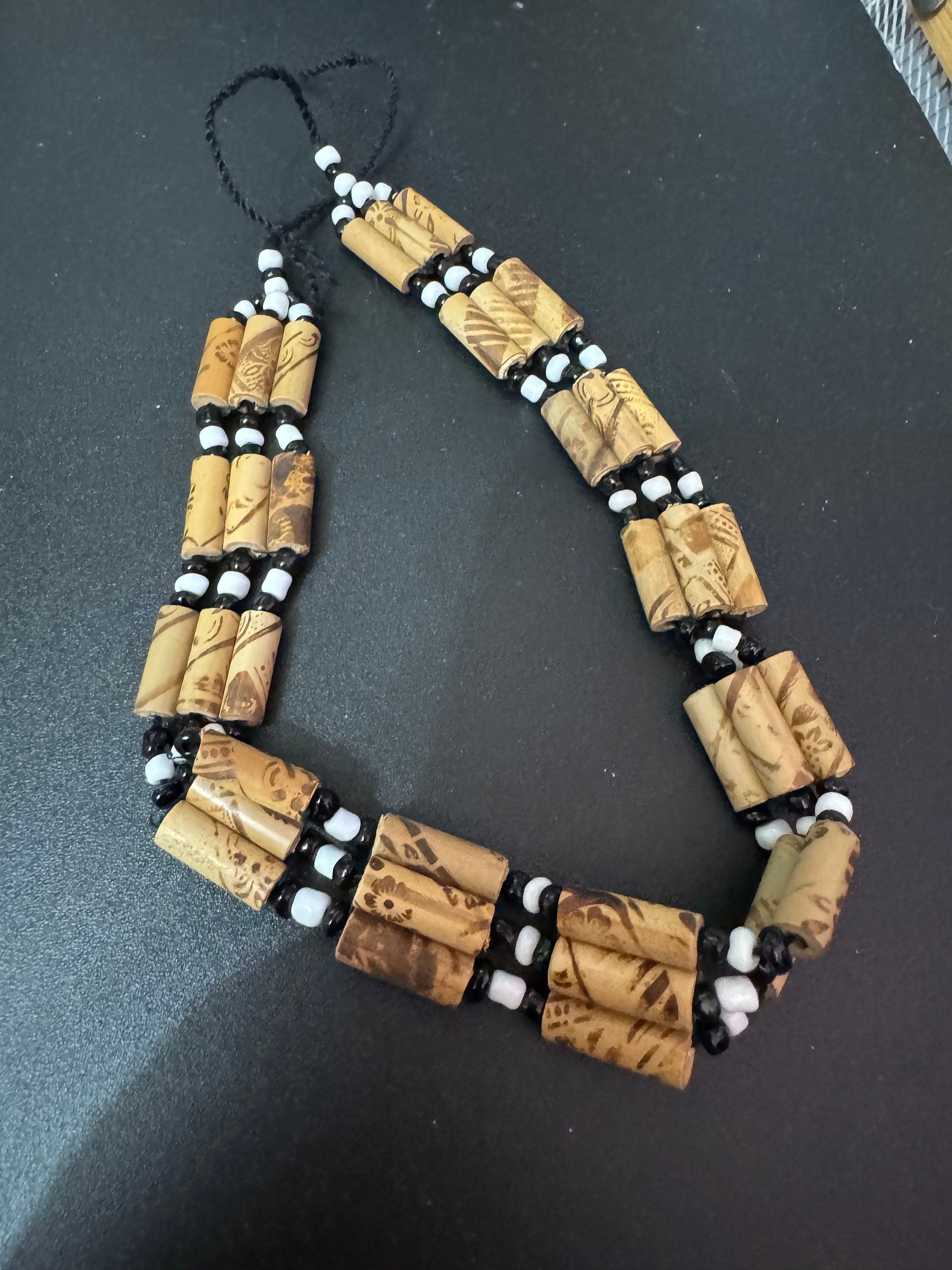 Retro brown white and black wooden natural  beaded tie up choker necklace boho beach festival jewellery range
