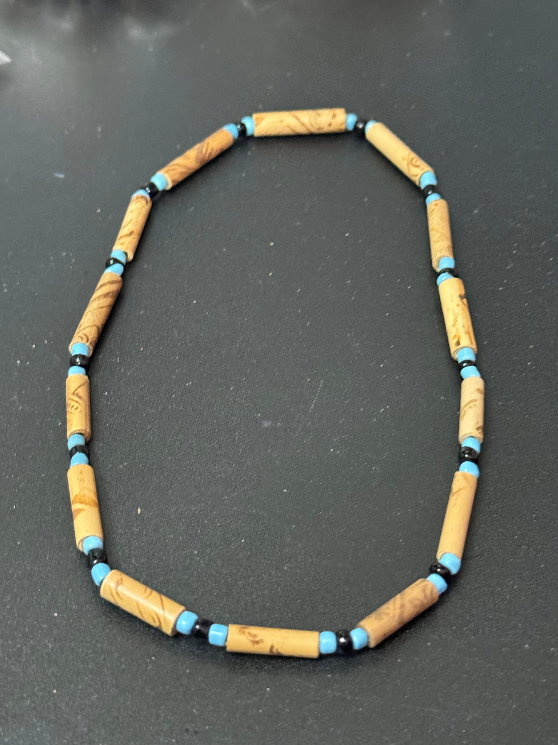 Retro turquoise blue and black wooden natural  beaded elasticated choker necklace boho beach festival jewellery range