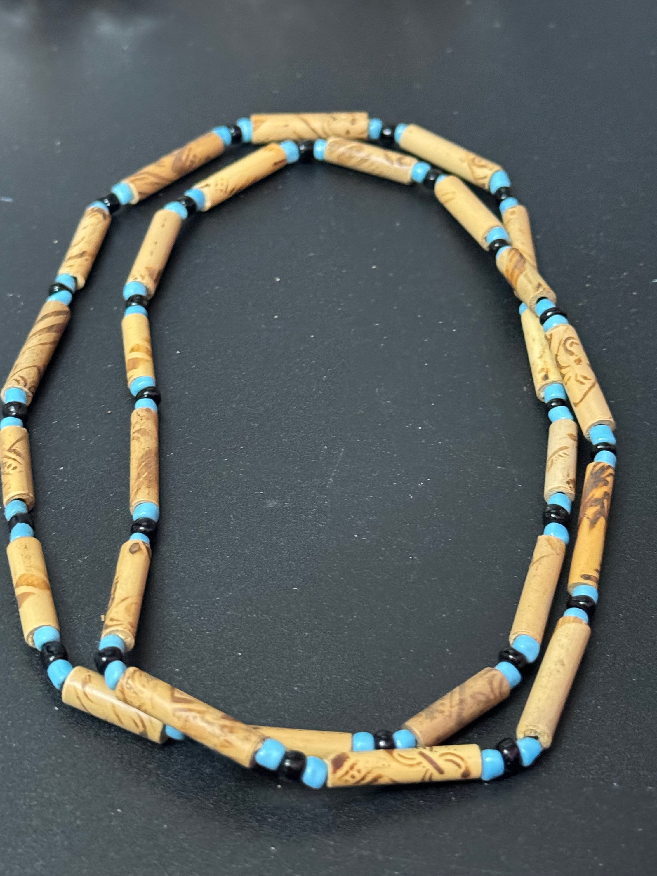 Retro turquoise blue and black wooden natural  beaded elasticated choker necklace boho beach festival jewellery range