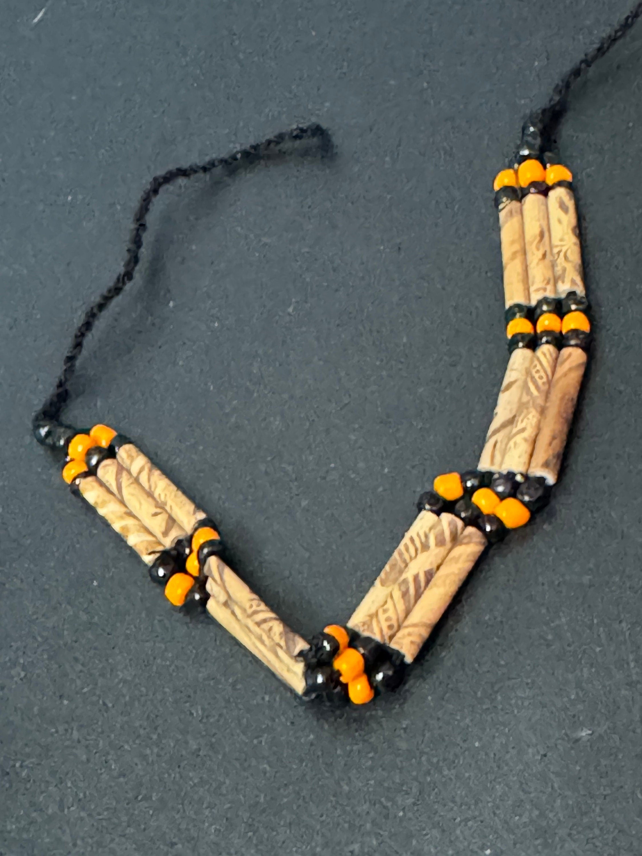 Retro light orange and black wooden natural  beaded tie up bracelet unisex boho beach festival jewellery range
