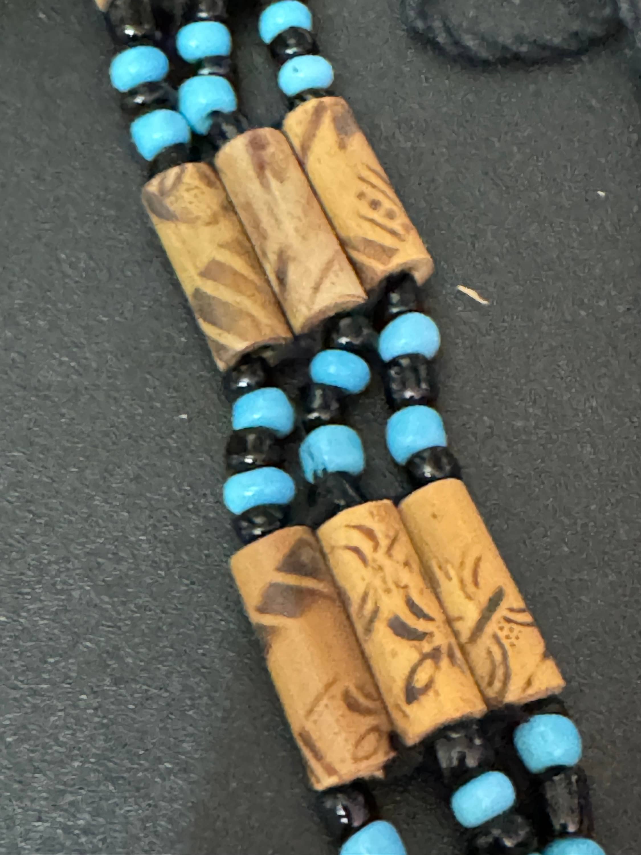Retro turquoise blue and black wooden natural  beaded tie up bracelet unisex boho beach festival jewellery range