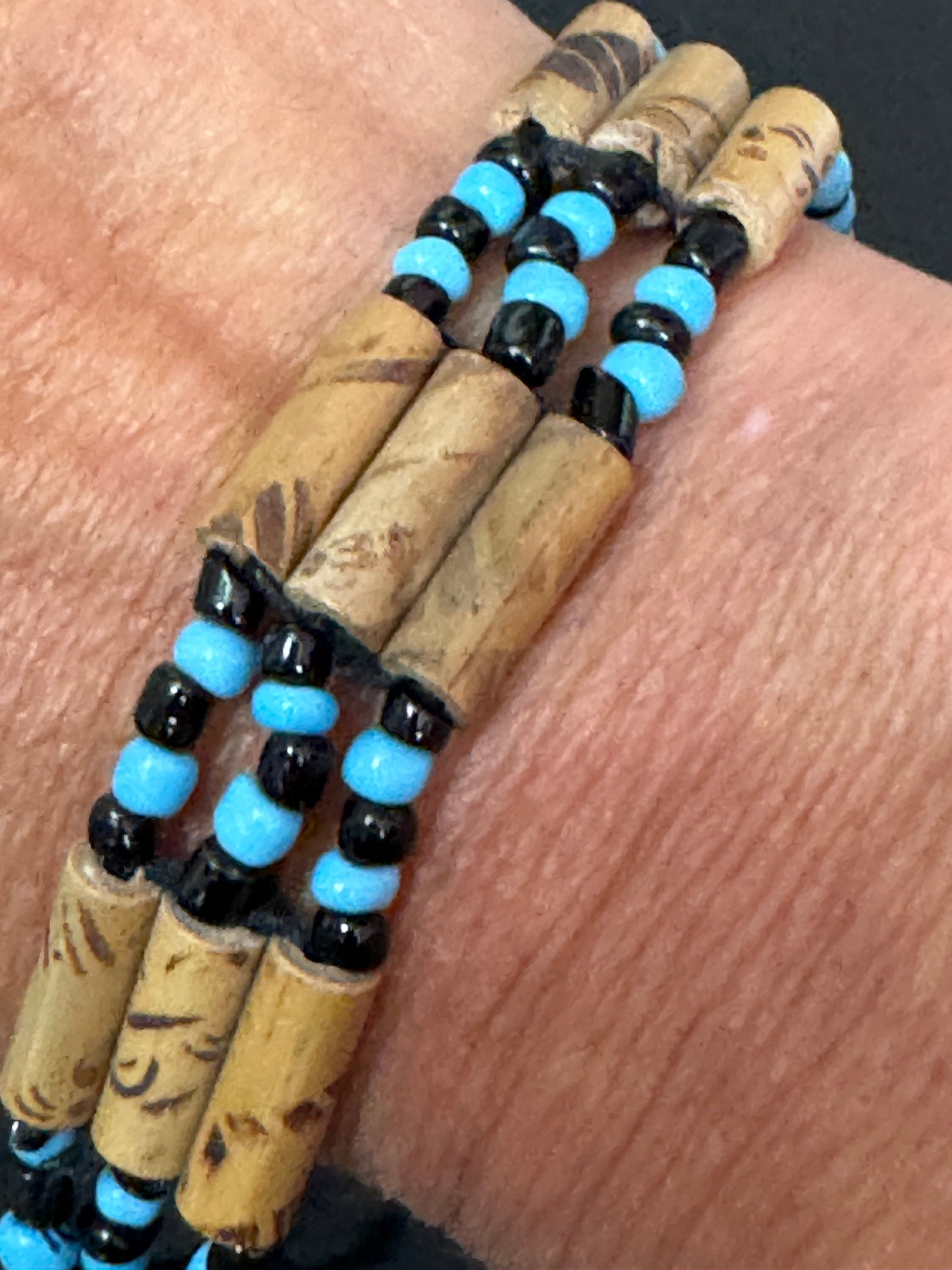 Retro turquoise blue and black wooden natural  beaded tie up bracelet unisex boho beach festival jewellery range