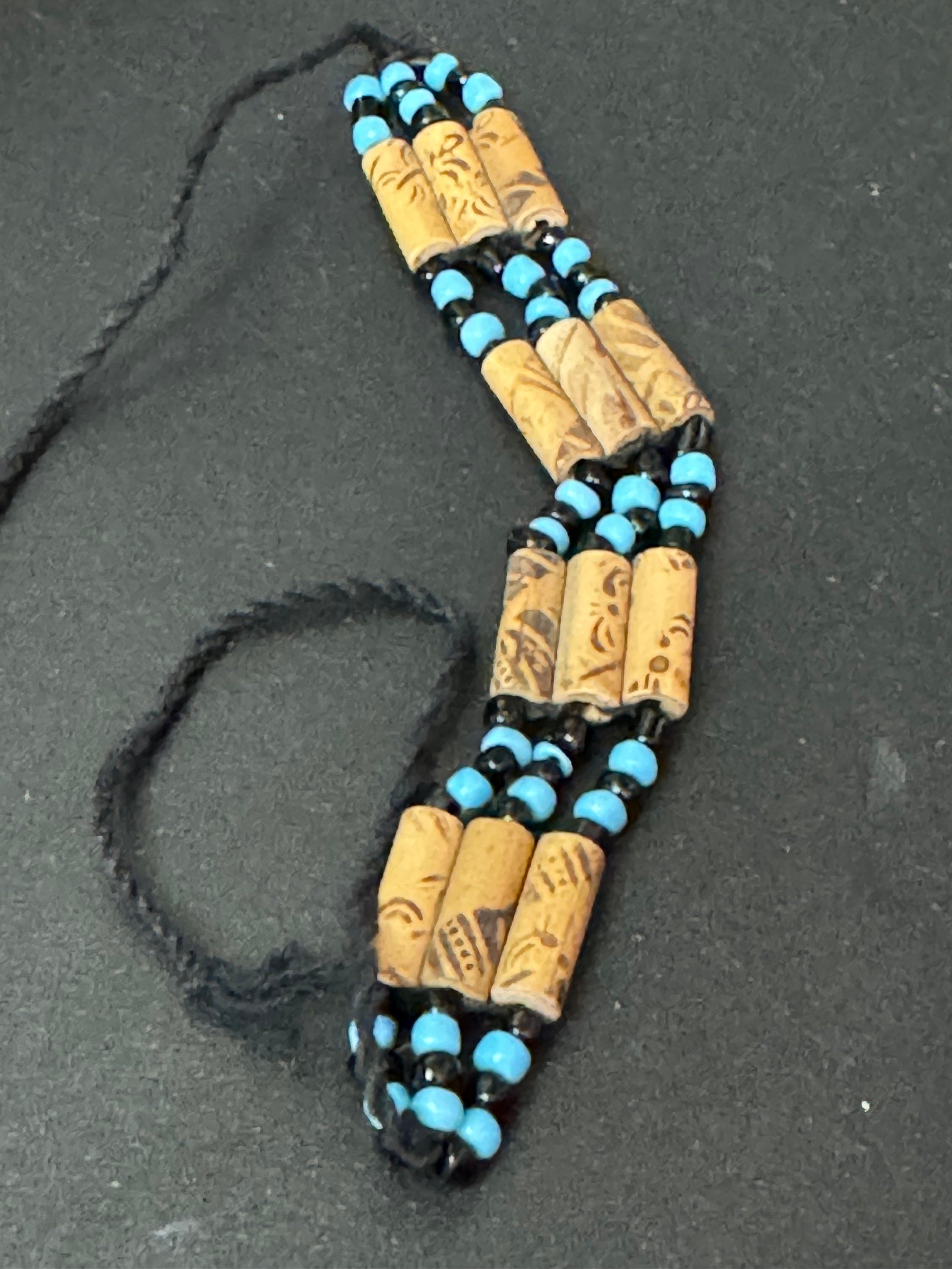 Retro turquoise blue and black wooden natural  beaded tie up bracelet unisex boho beach festival jewellery range