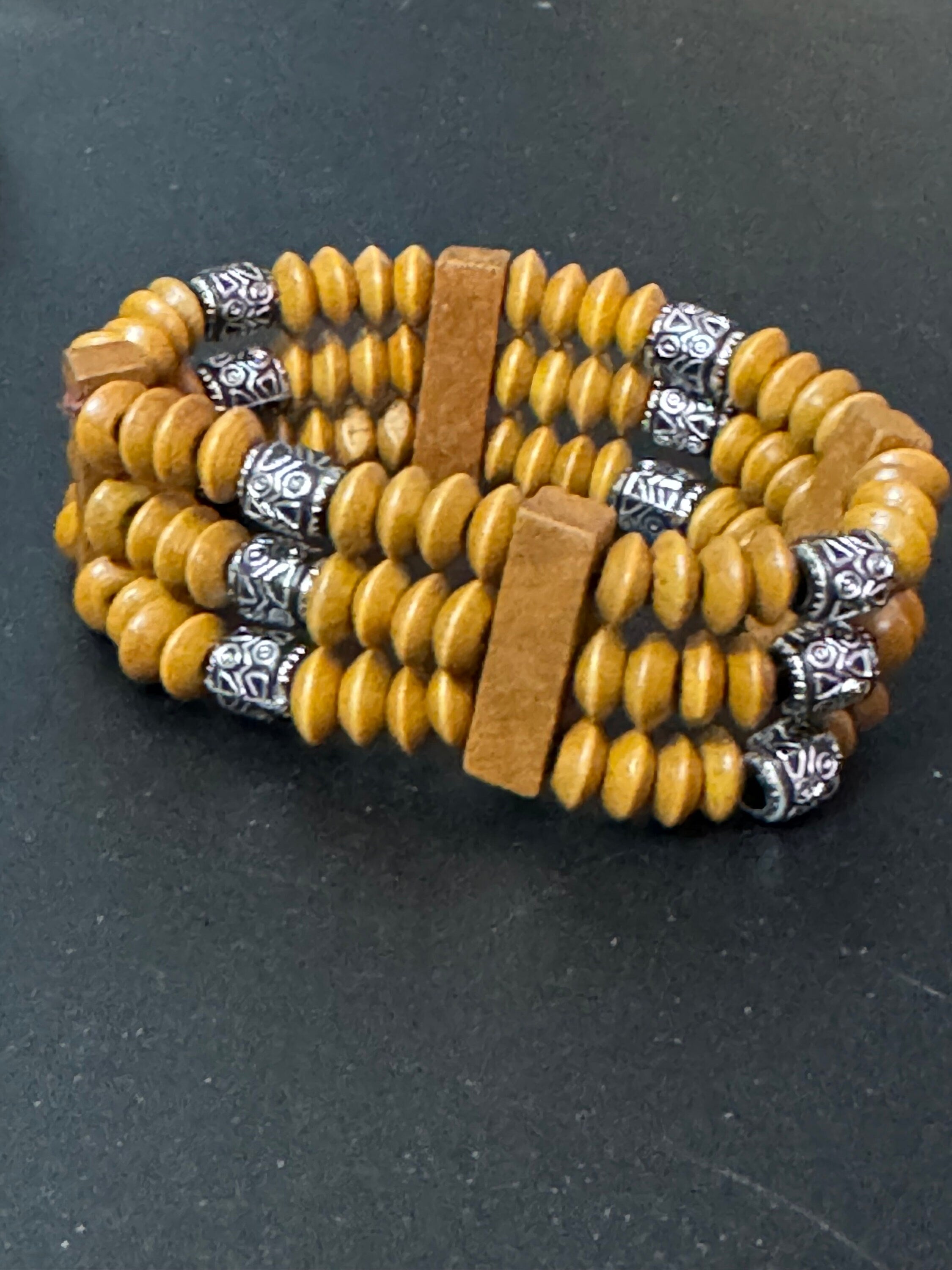 Retro triple row brown wood and natural nut beaded elasticated stretch bracelet unisex boho beach festival jewellery range