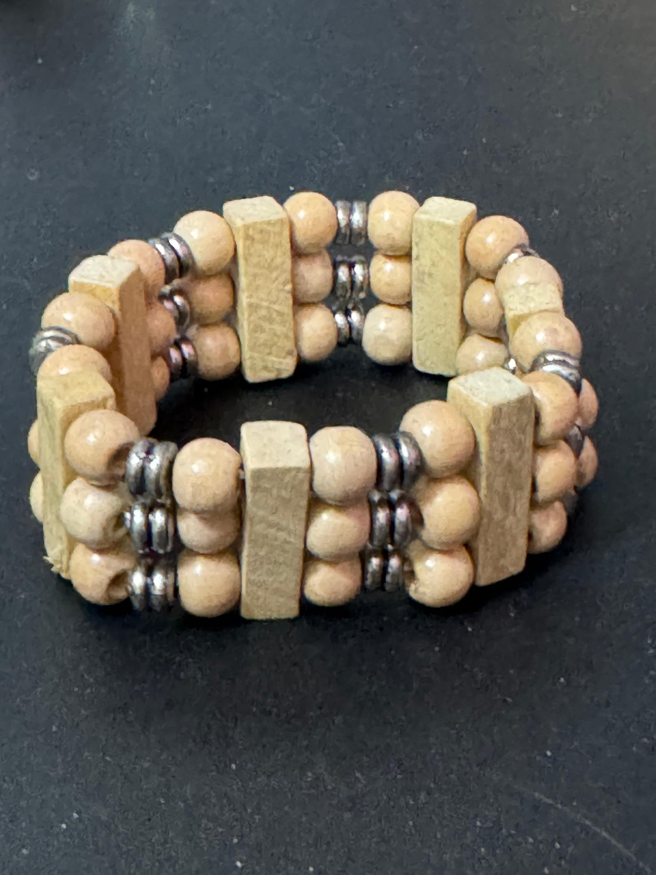 Retro triple row brown wood and natural nut beaded elasticated stretch bracelet unisex boho beach festival jewellery range