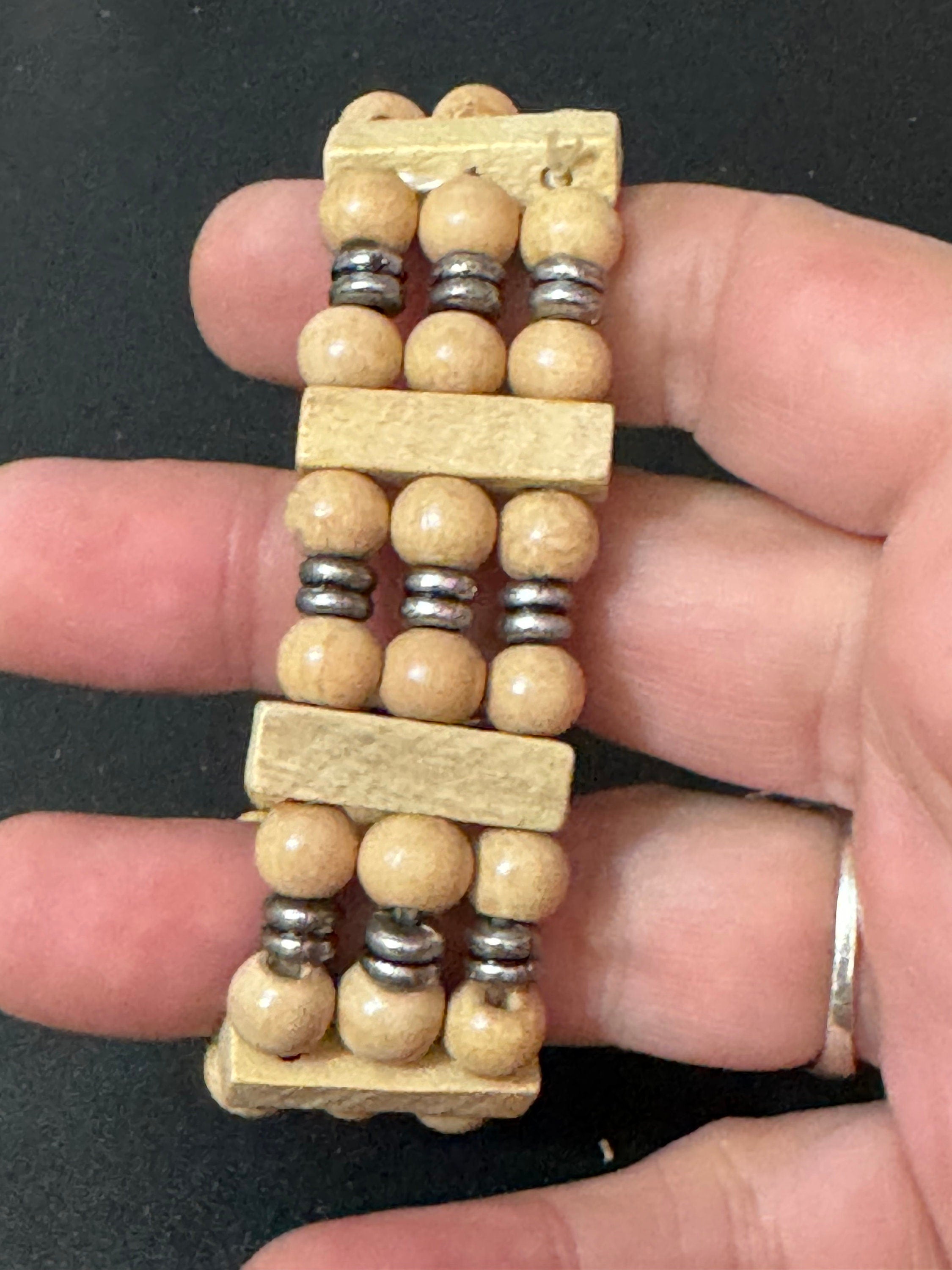 Retro triple row brown wood and natural nut beaded elasticated stretch bracelet unisex boho beach festival jewellery range
