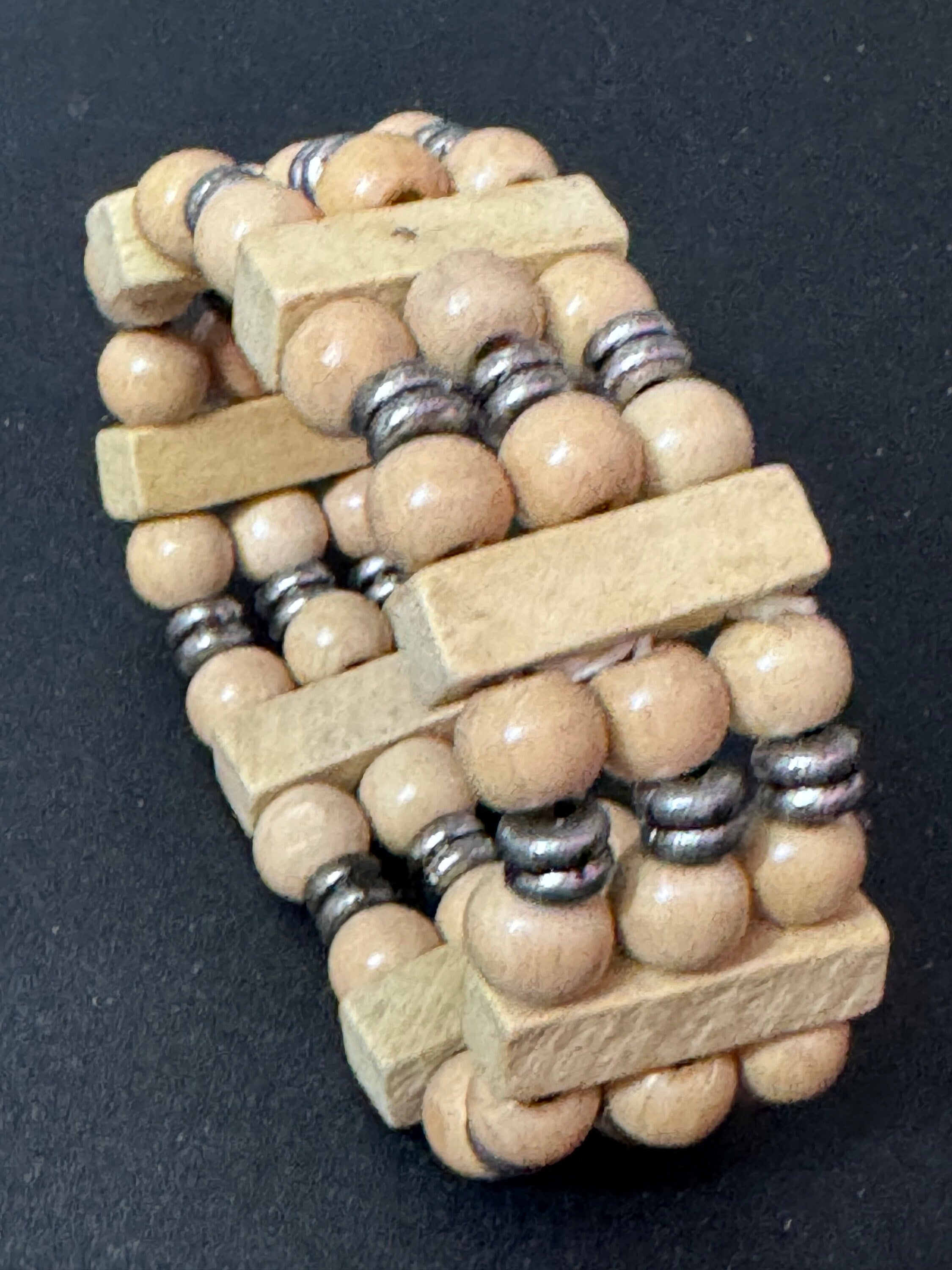 Retro triple row brown wood and natural nut beaded elasticated stretch bracelet unisex boho beach festival jewellery range