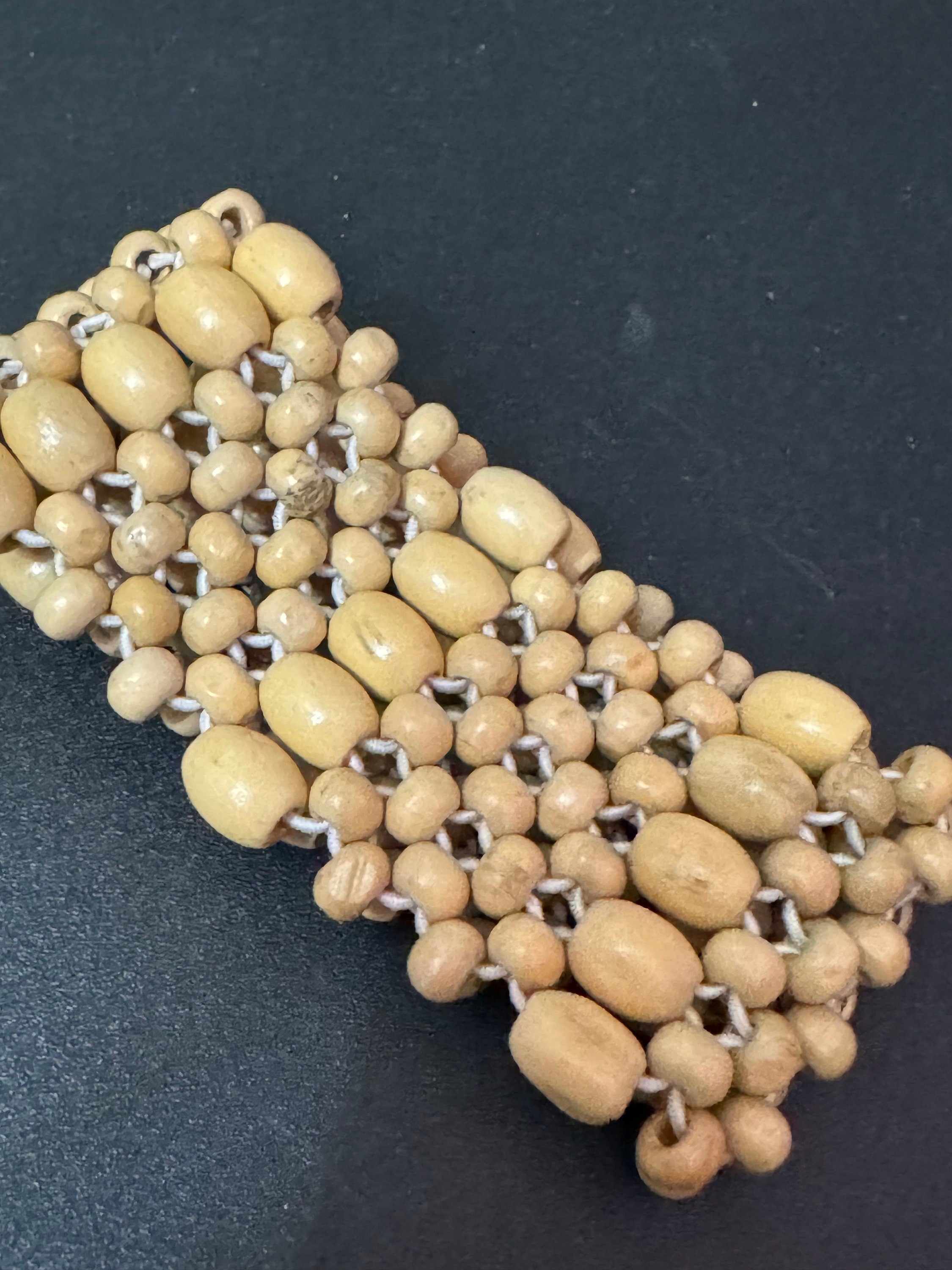 Retro 5 row wide brown wood and natural nut beaded elasticated stretch bracelet unisex boho beach festival jewellery range