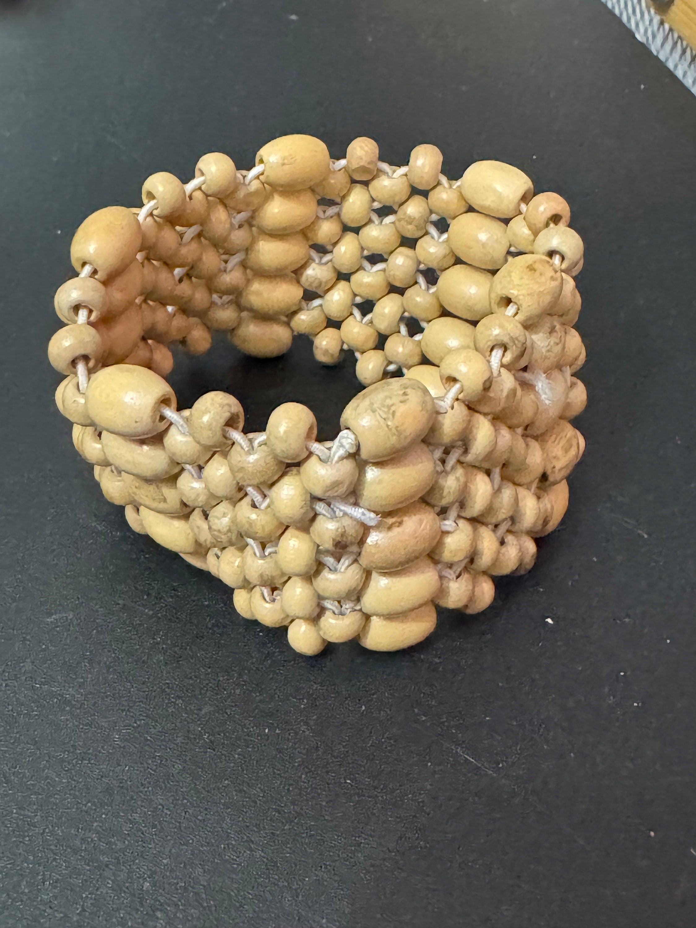 Retro 5 row wide brown wood and natural nut beaded elasticated stretch bracelet unisex boho beach festival jewellery range