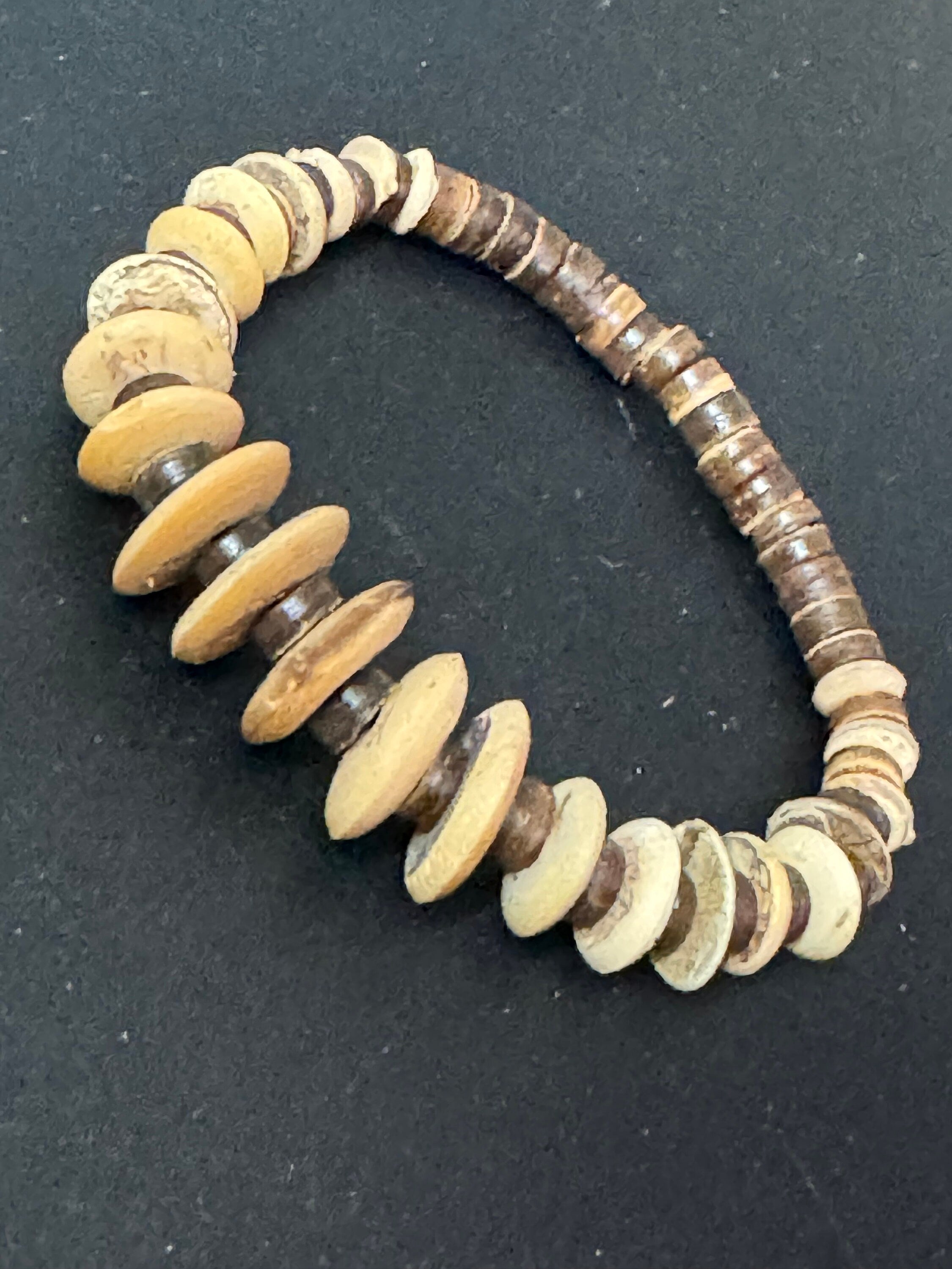 Retro brown wood and natural nut beaded elasticated stretch bracelet unisex boho beach festival jewellery range