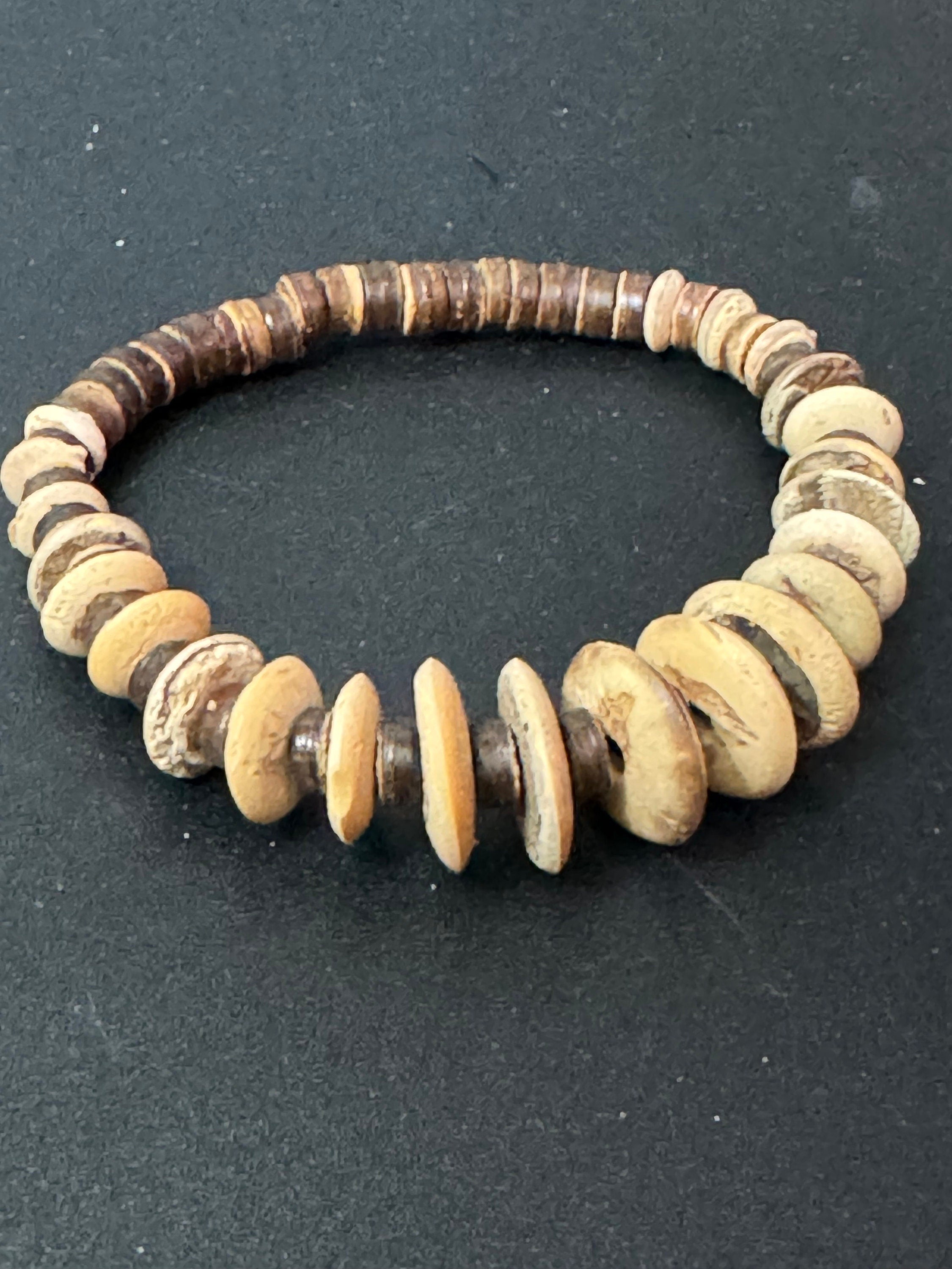 Retro brown wood and natural nut beaded elasticated stretch bracelet unisex boho beach festival jewellery range