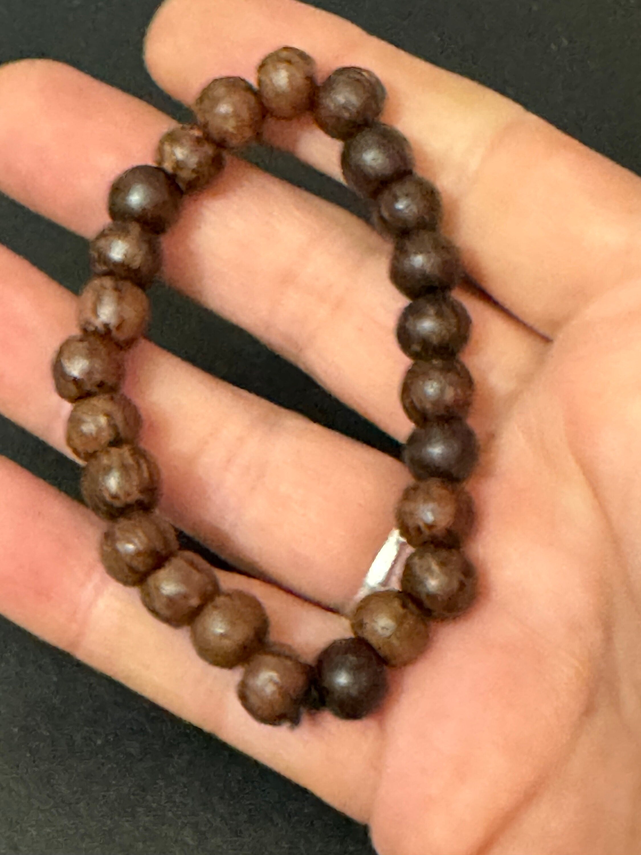 Retro dark brown wood beaded elasticated stretch bracelet unisex boho beach festival jewellery range layering