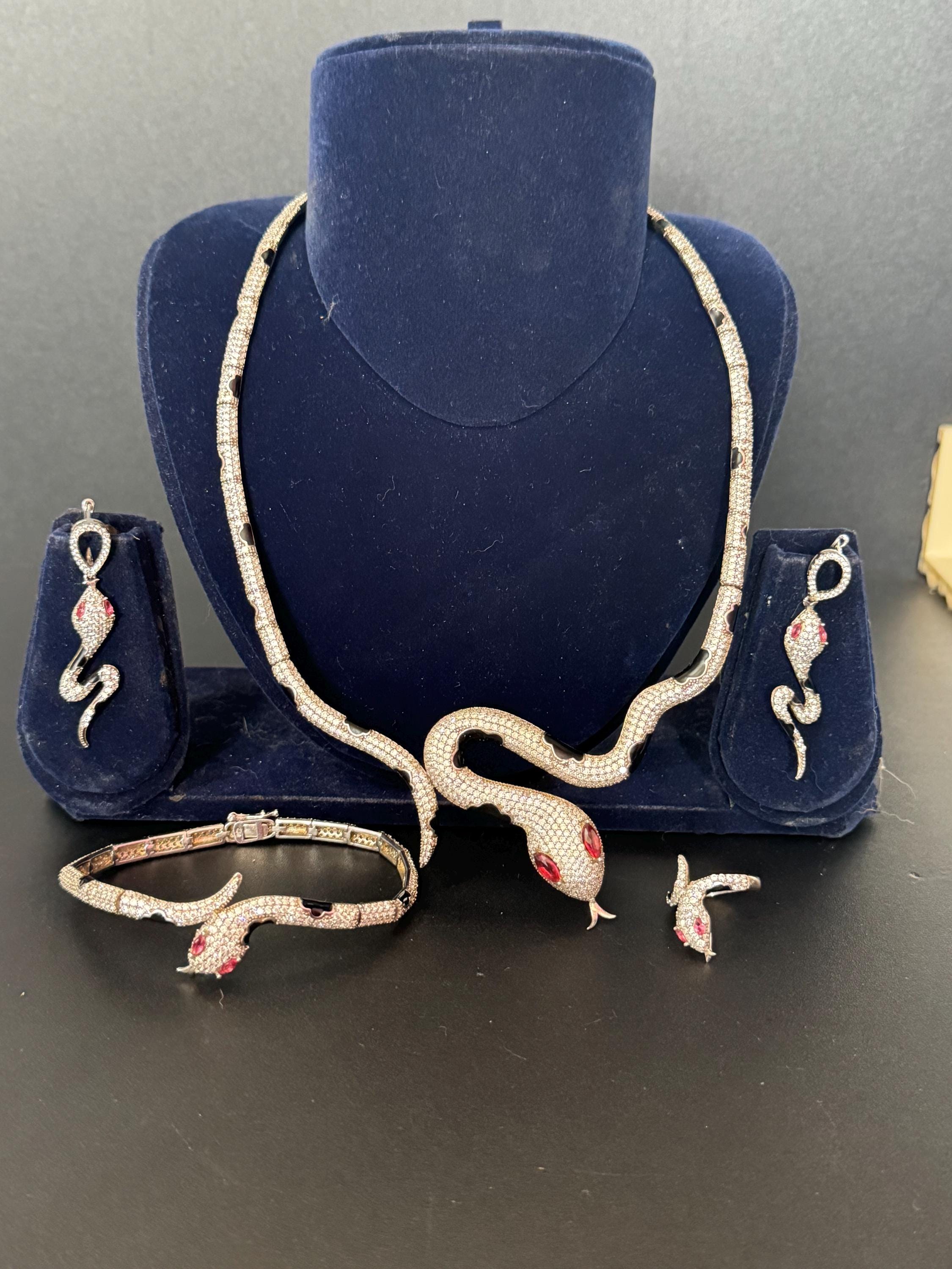 925 sterling silver rhinestone and enamel snake necklace bracelet earrings and ring jewellery set