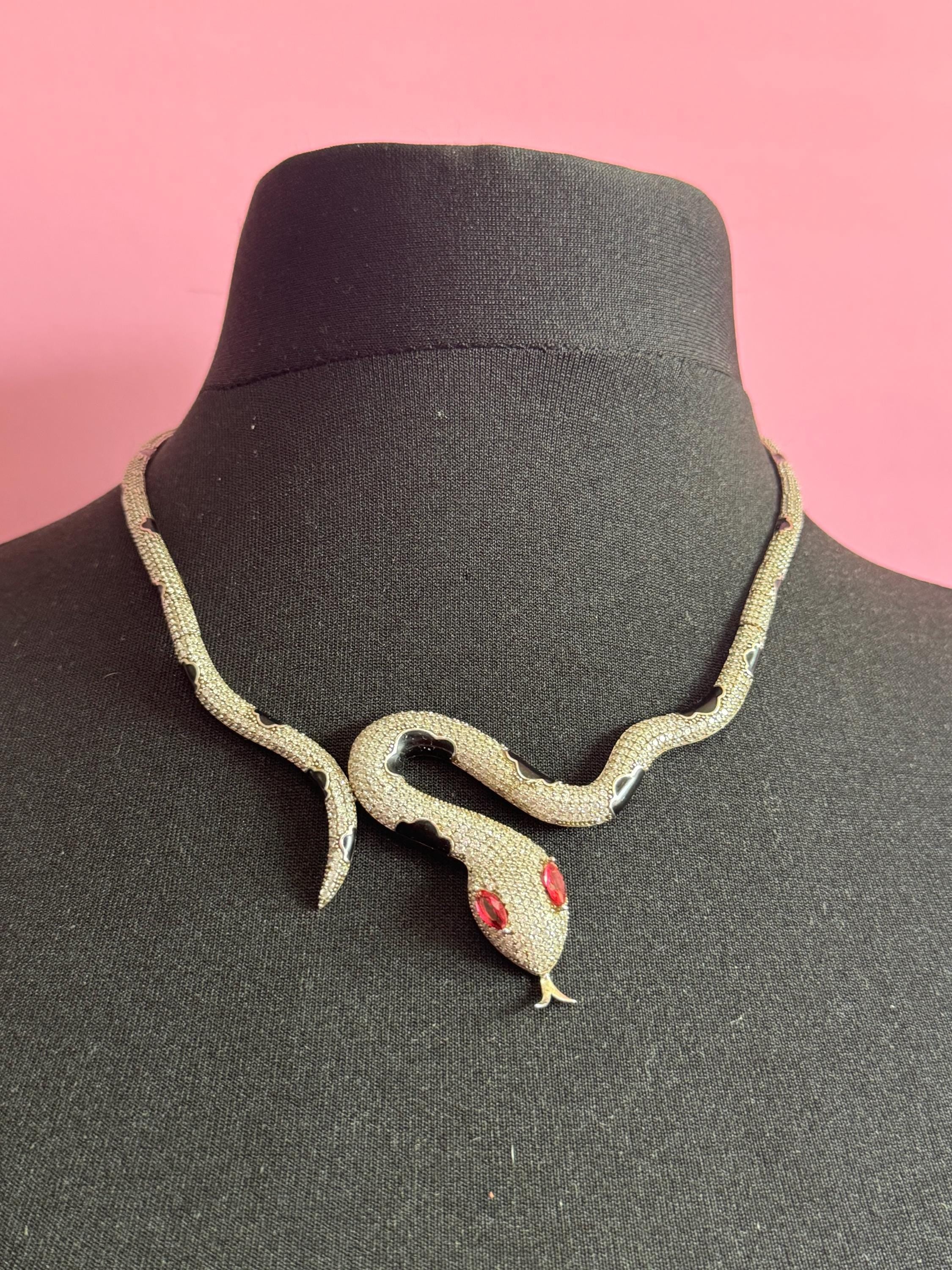 925 sterling silver rhinestone and enamel snake necklace bracelet earrings and ring jewellery set