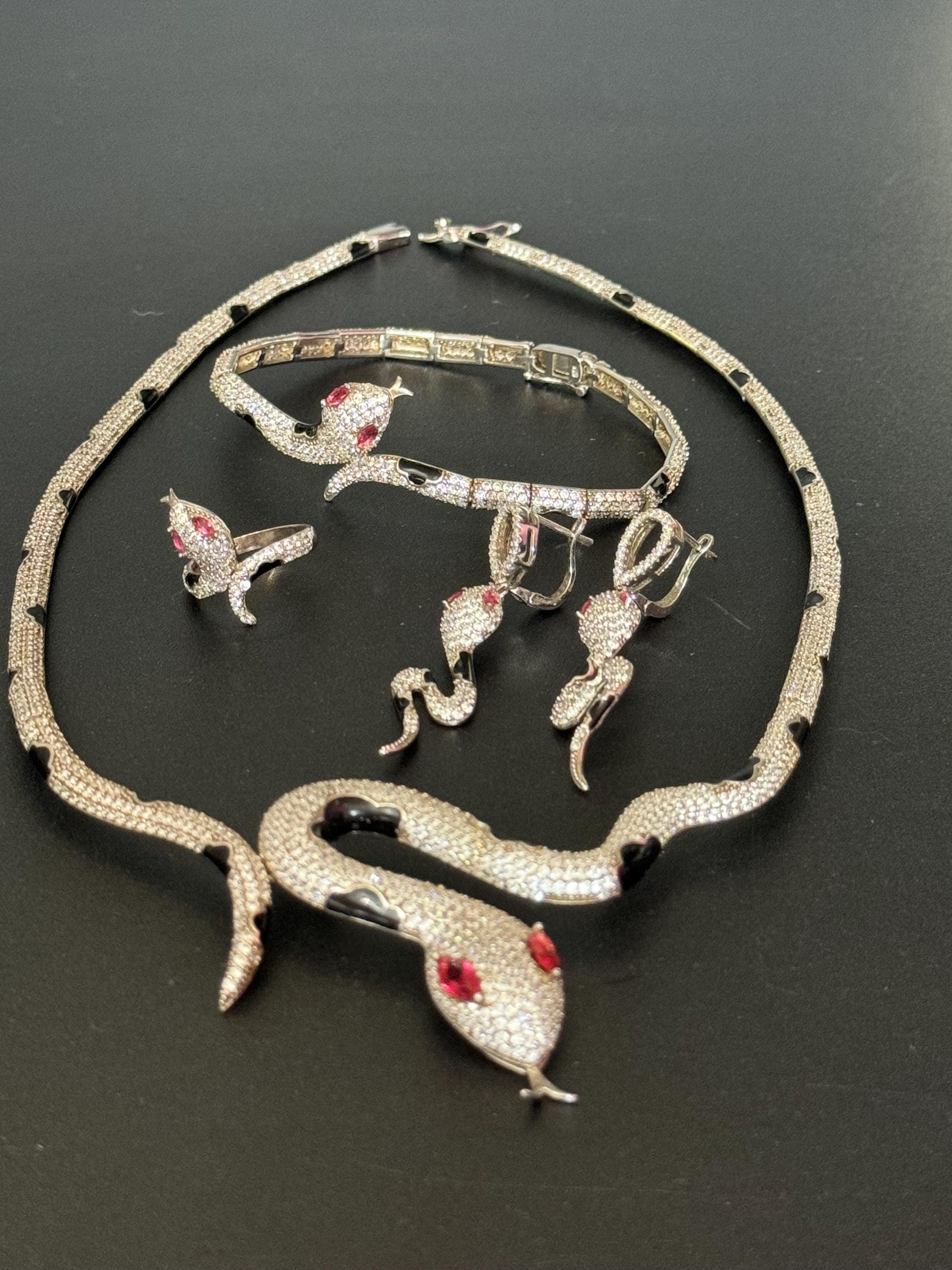 925 sterling silver rhinestone and enamel snake necklace bracelet earrings and ring jewellery set
