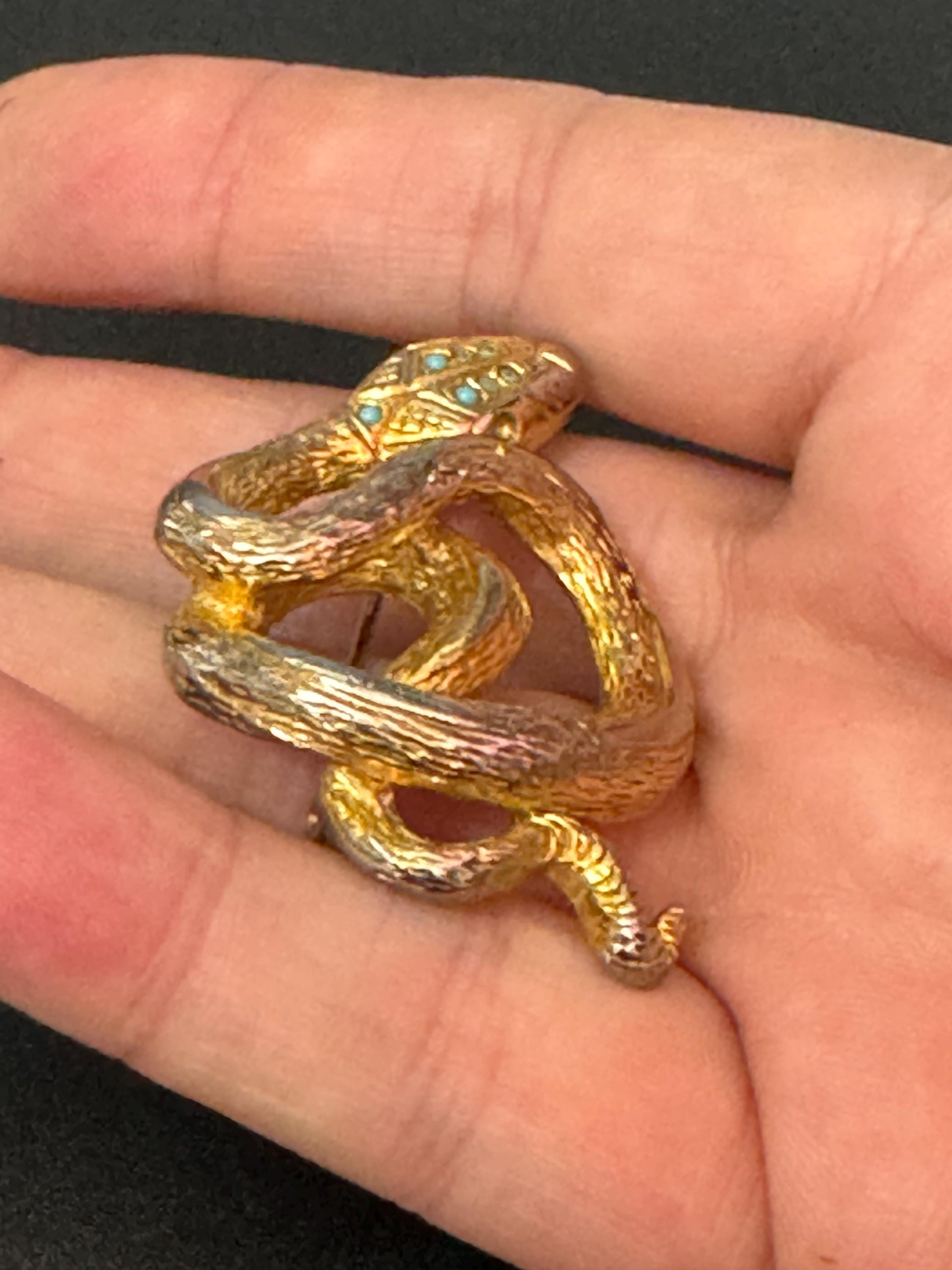 Signed sphinx Vintage gold tone snake brooch with turquoise blue eyes vintage