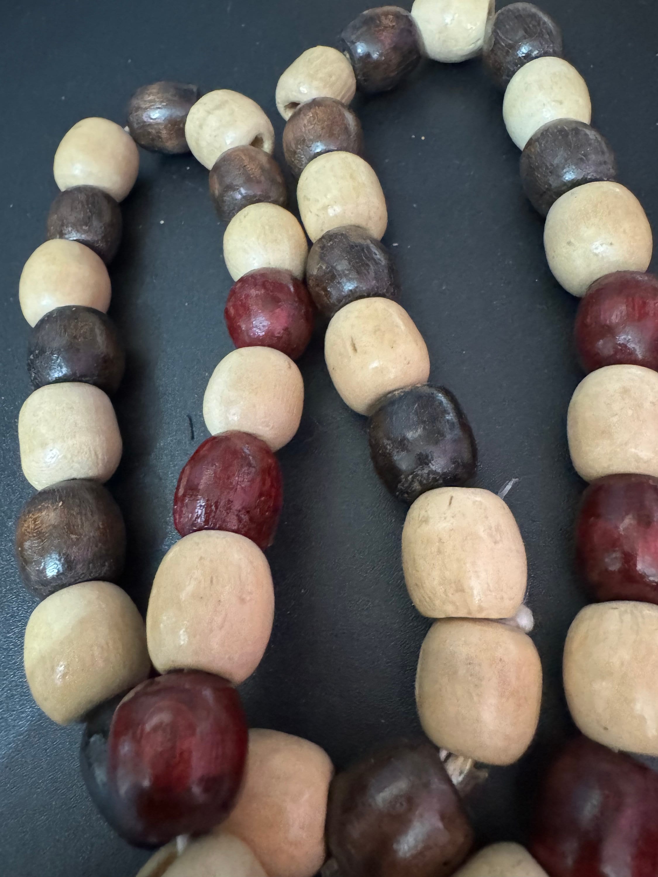 long vintage beige and dark brown wooden natural oval beaded layering necklace boho festival jewellery