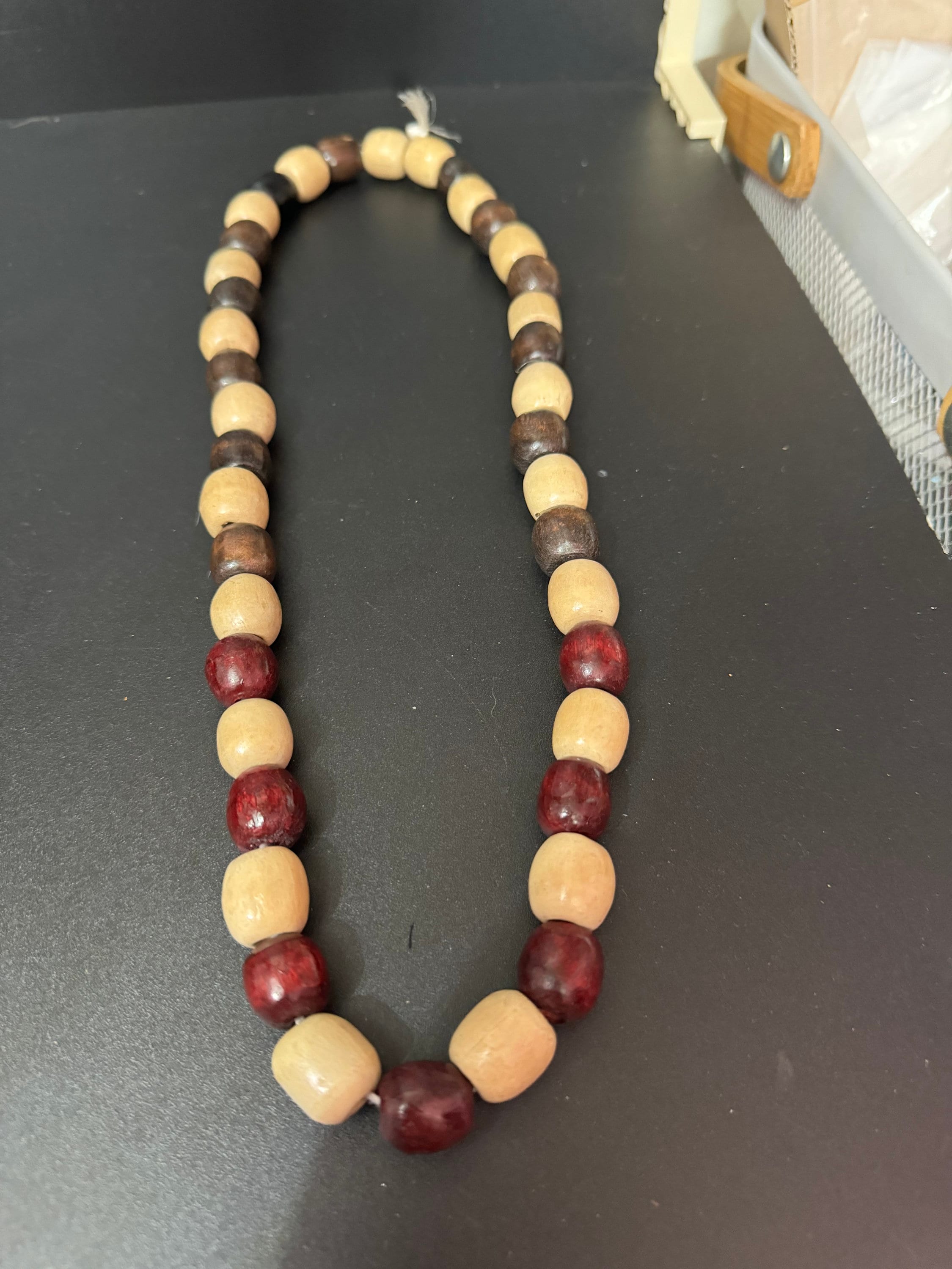 long vintage beige and dark brown wooden natural oval beaded layering necklace boho festival jewellery