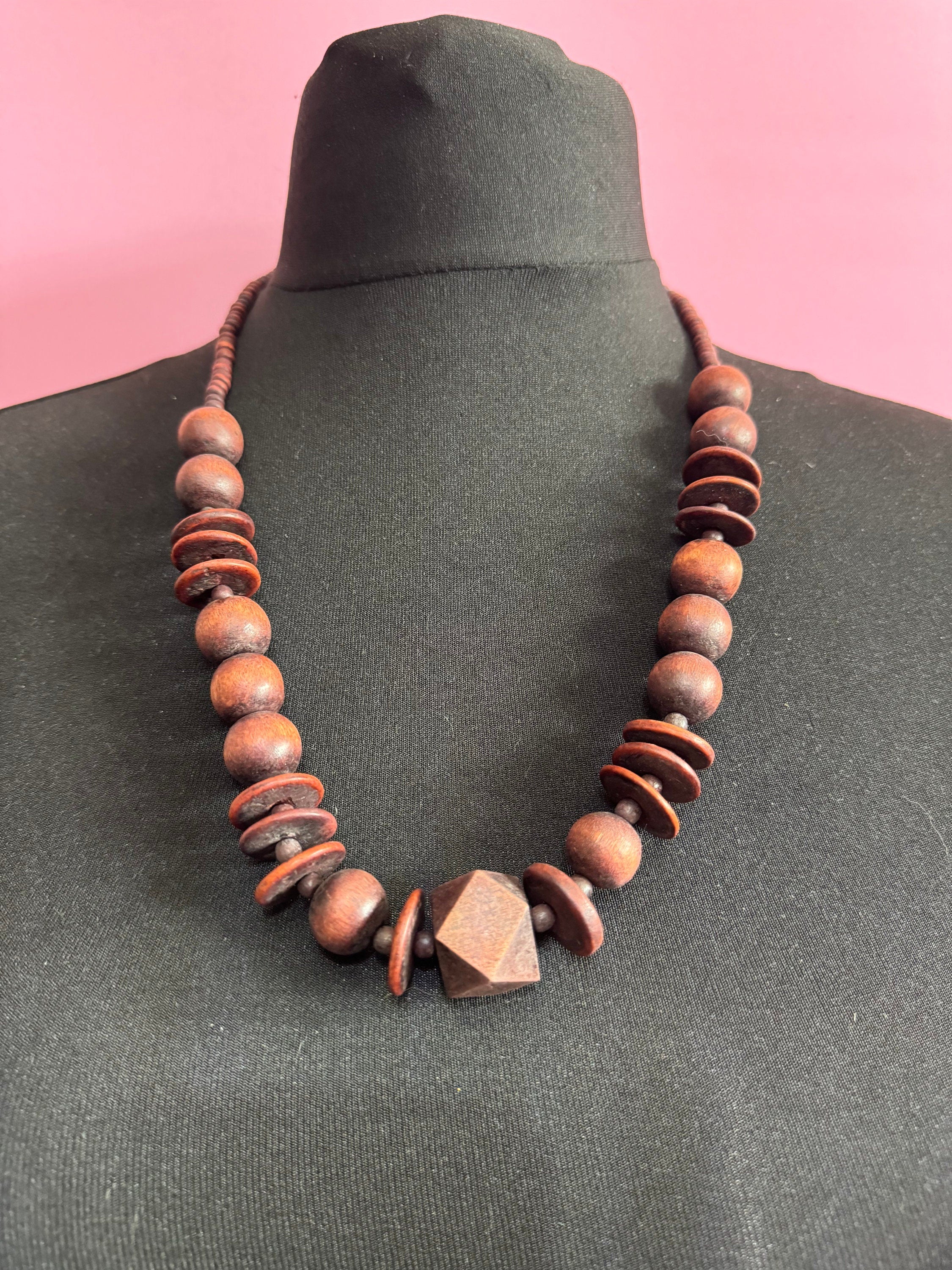 chunky vintage dark reddish brown wooden natural nut round beaded layering necklace boho festival jewellery