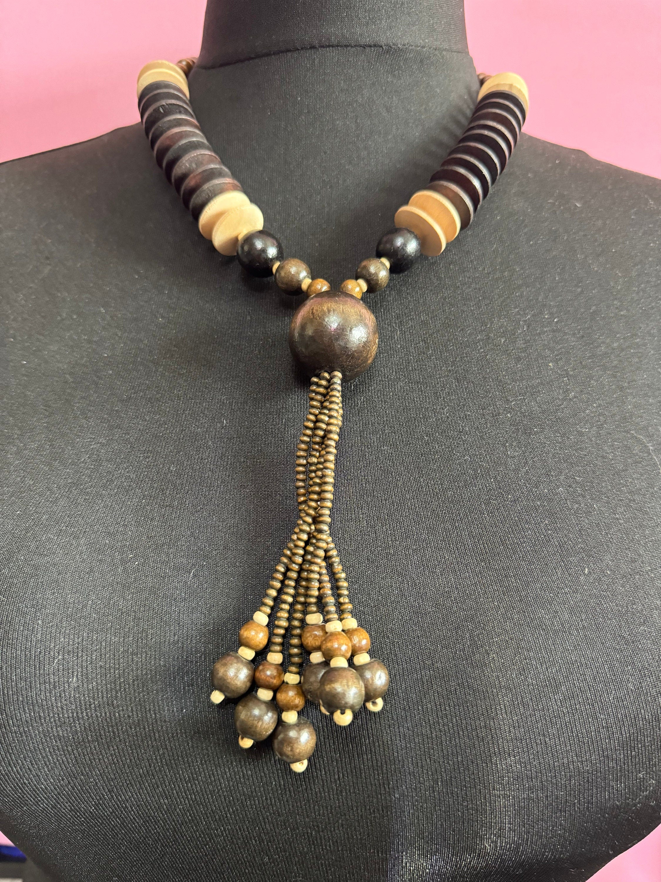 chunky vintage dark reddish brown wooden natural nut round beaded layering tassel necklace boho festival jewellery