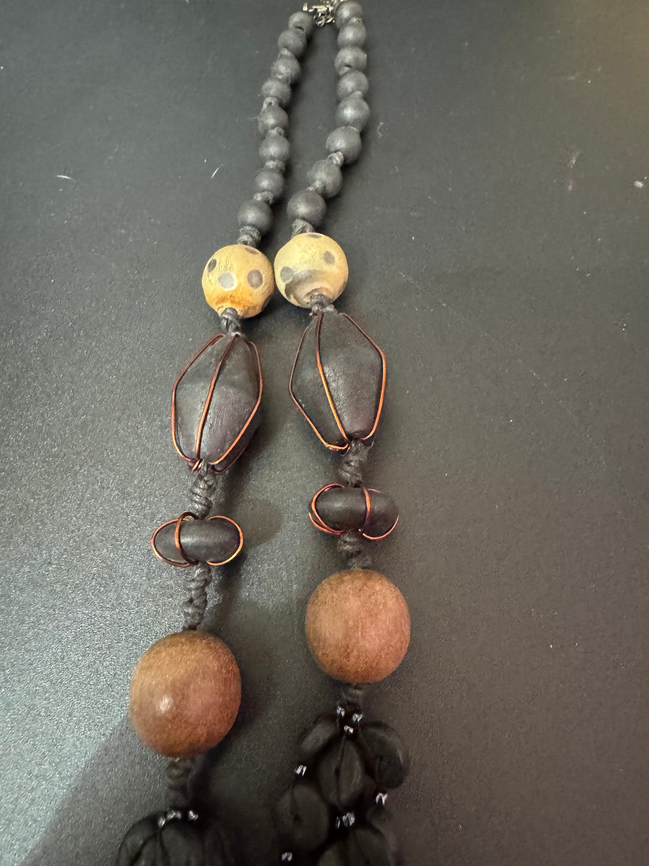 Vintage Chunky Wooden Beaded Collar Necklace: Boho Layering Jewelry