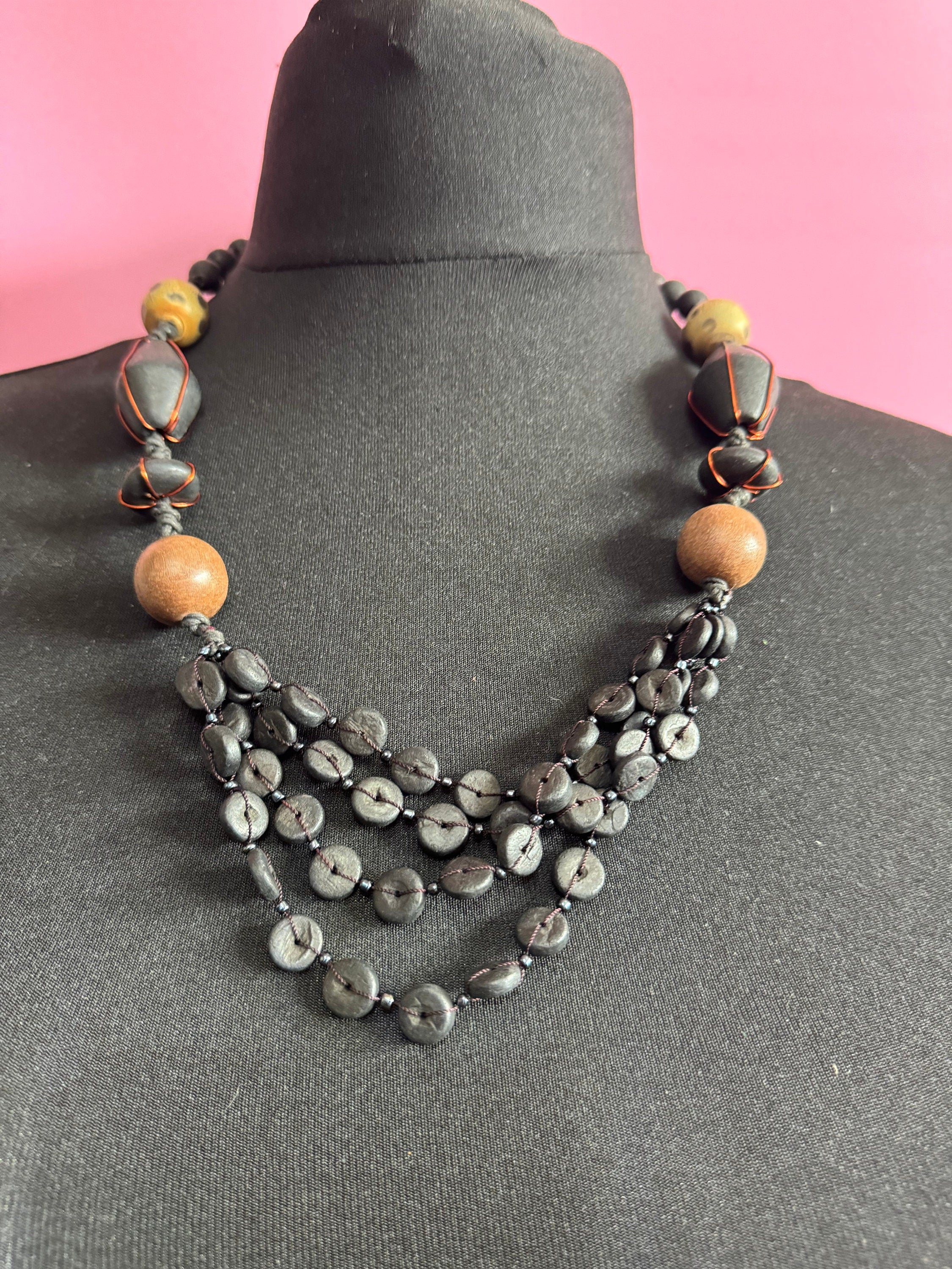 Vintage Chunky Wooden Beaded Collar Necklace: Boho Layering Jewelry
