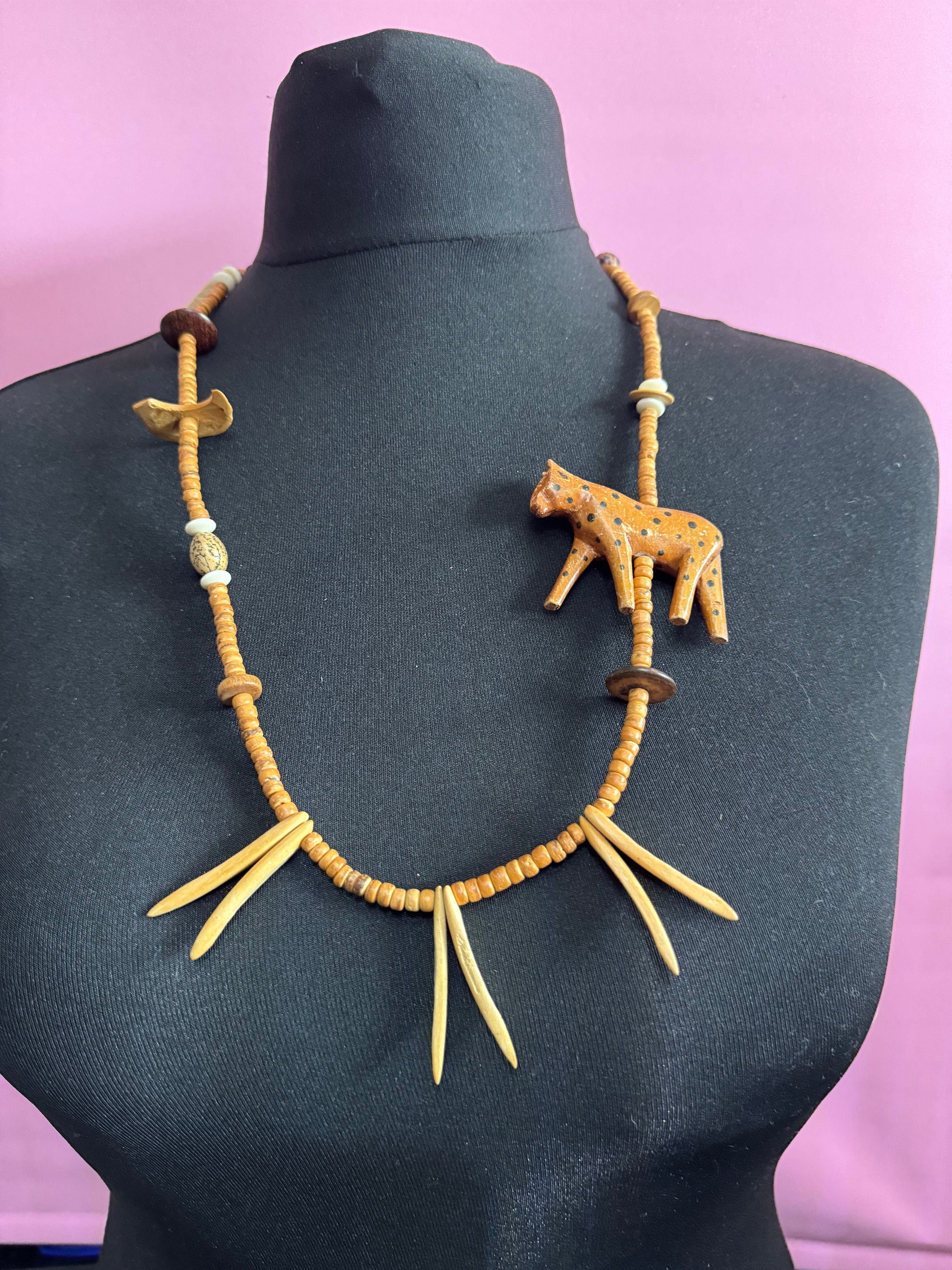 vintage dark brown wooden beaded carved African leopard long necklace boho festival jewellery big cat