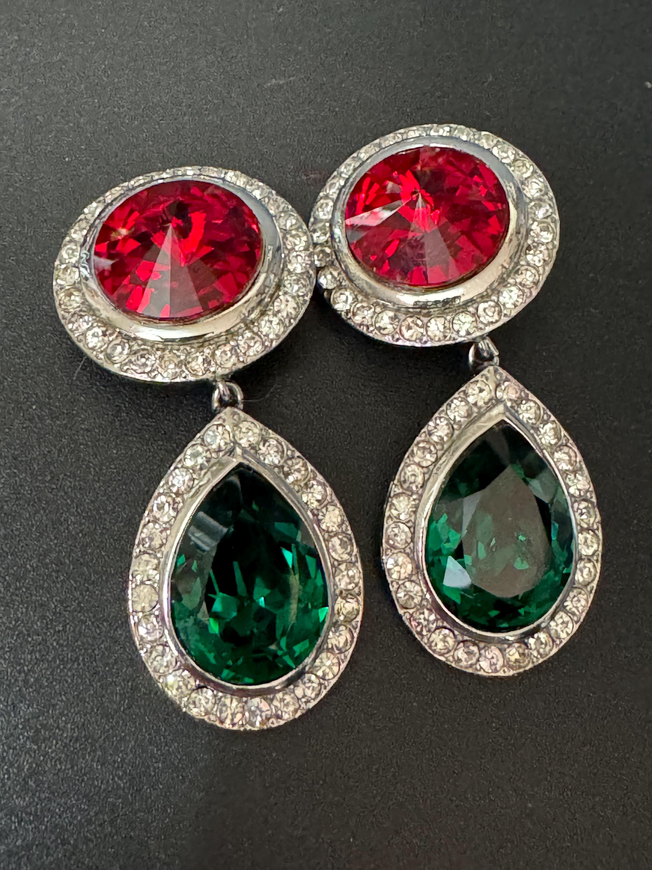 vintage oversized silver tone ruby red emerald green and clear Swarovski crystal teardrop dangly earrings 1980s old shop stock