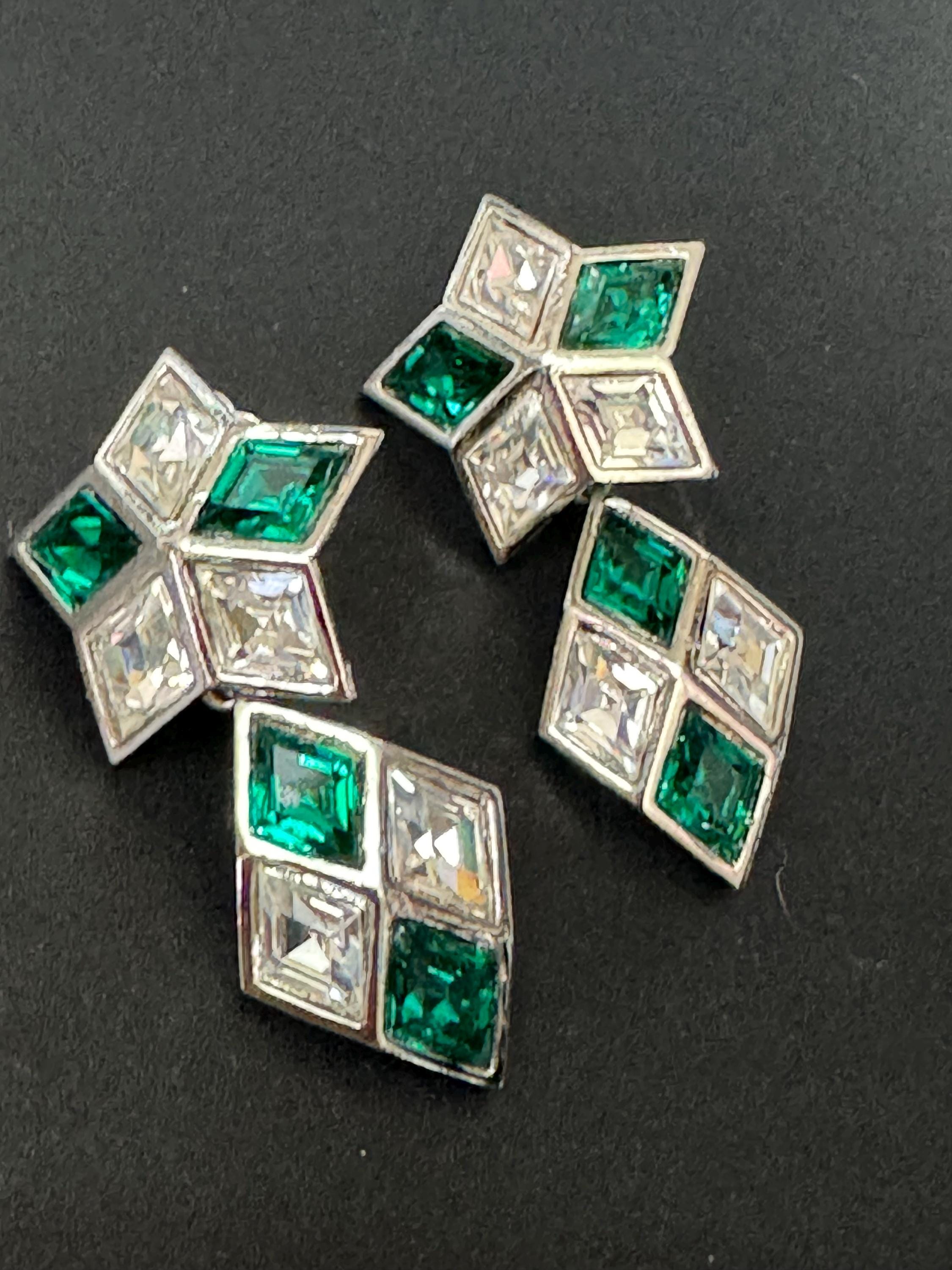 vintage oversized silver tone emerald green and clear Swarovski crystal star dangly earrings 1980s old shop stock