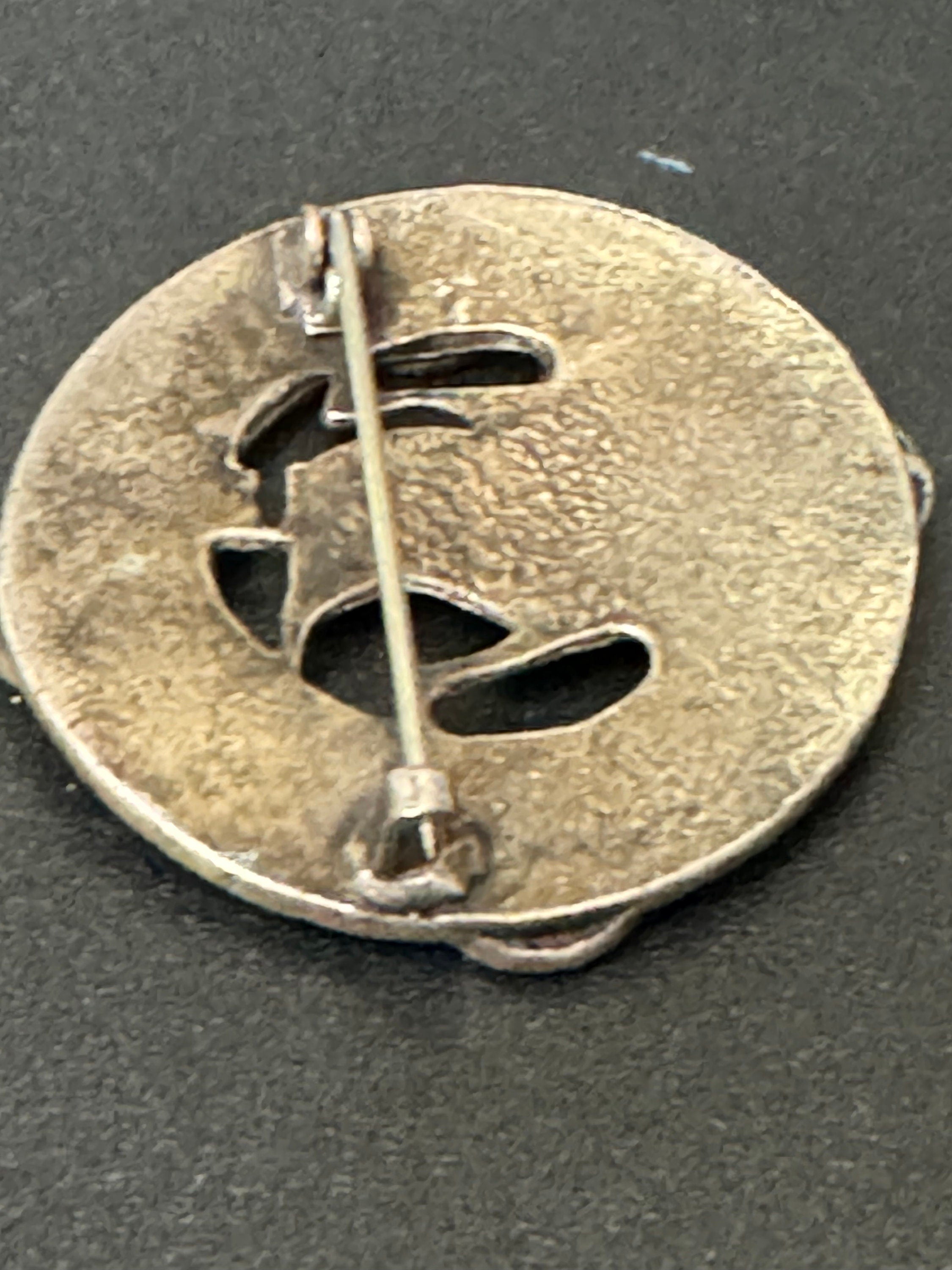 vintage round silver tone Etruscan Viking longship Nordic medallion shield brooch with amber cabochons
