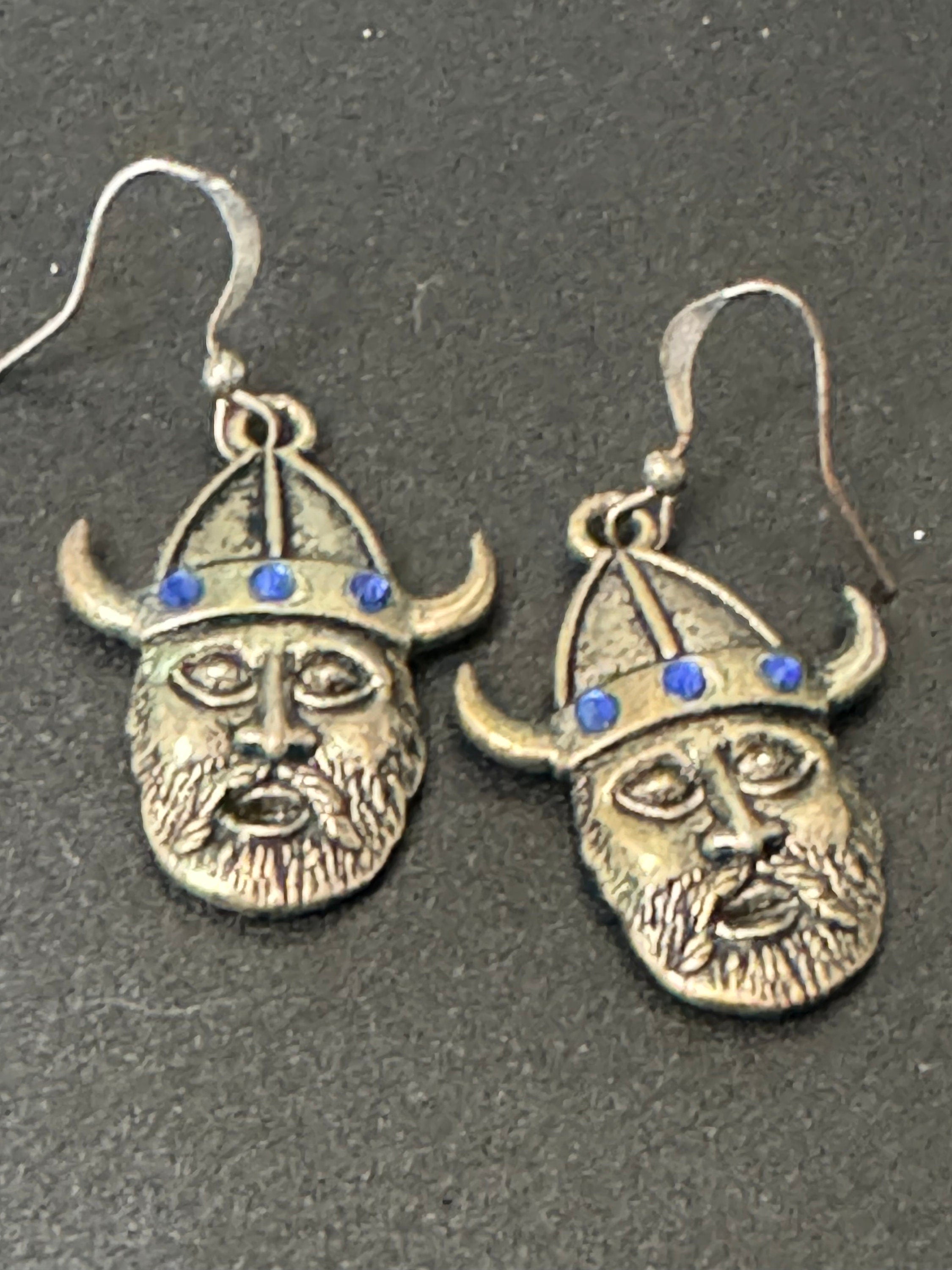 Vintage novelty Viking earrings with blue rhinestones Nordic pierced ears earwires